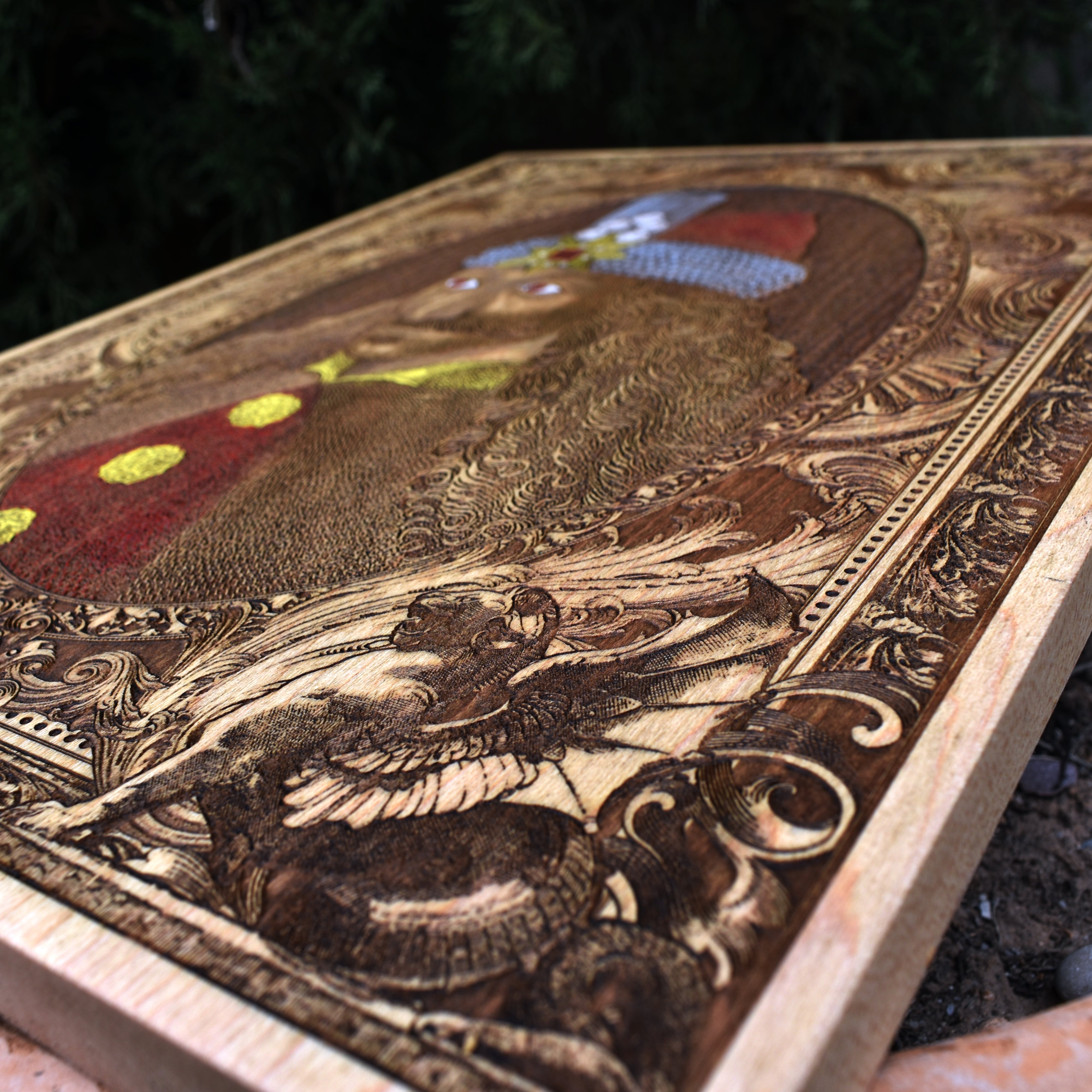 Dracula-inspired wall art, laser-engraved Vlad on real wood panel.