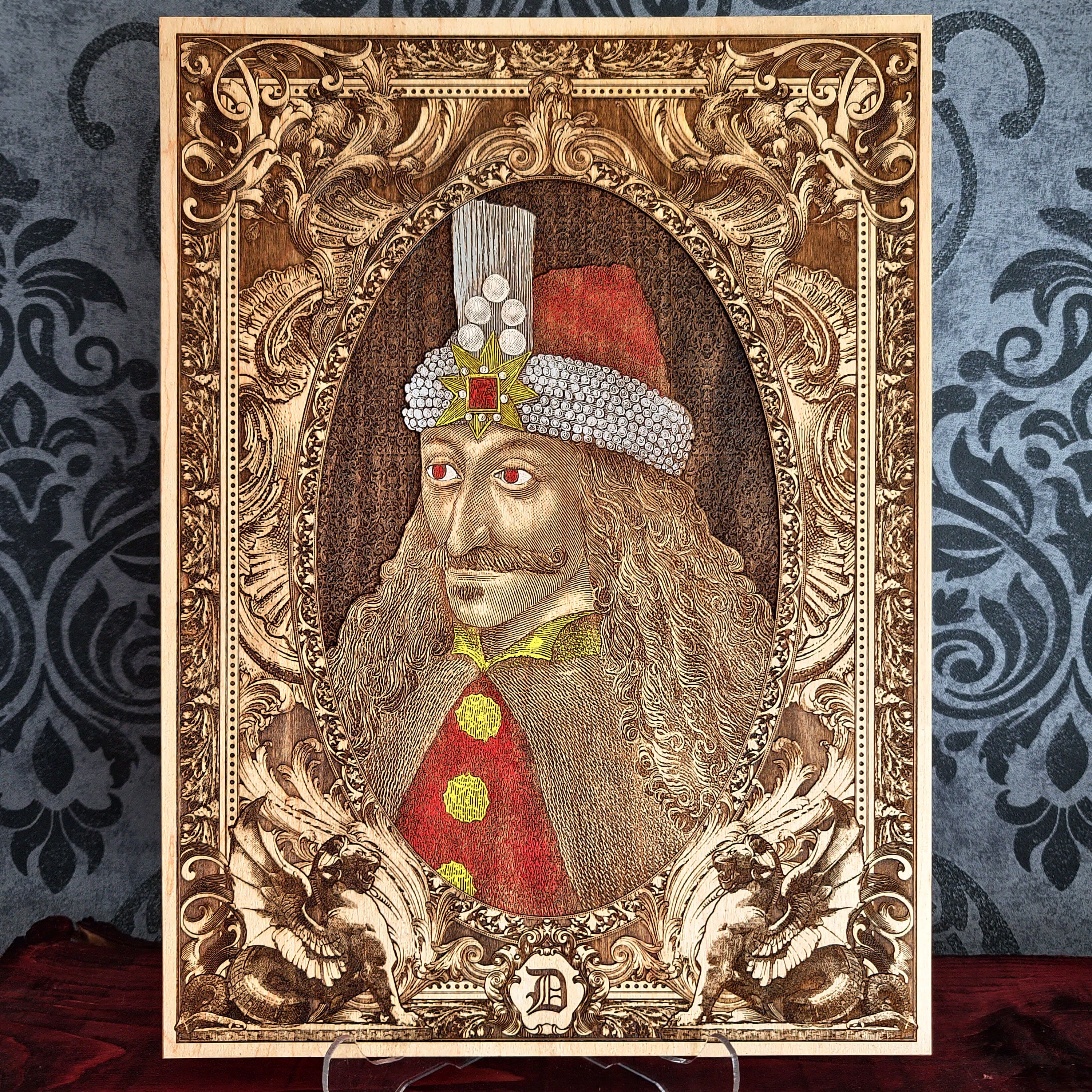 Gothic wood wall art of Vlad the Impaler with detailed laser engraving