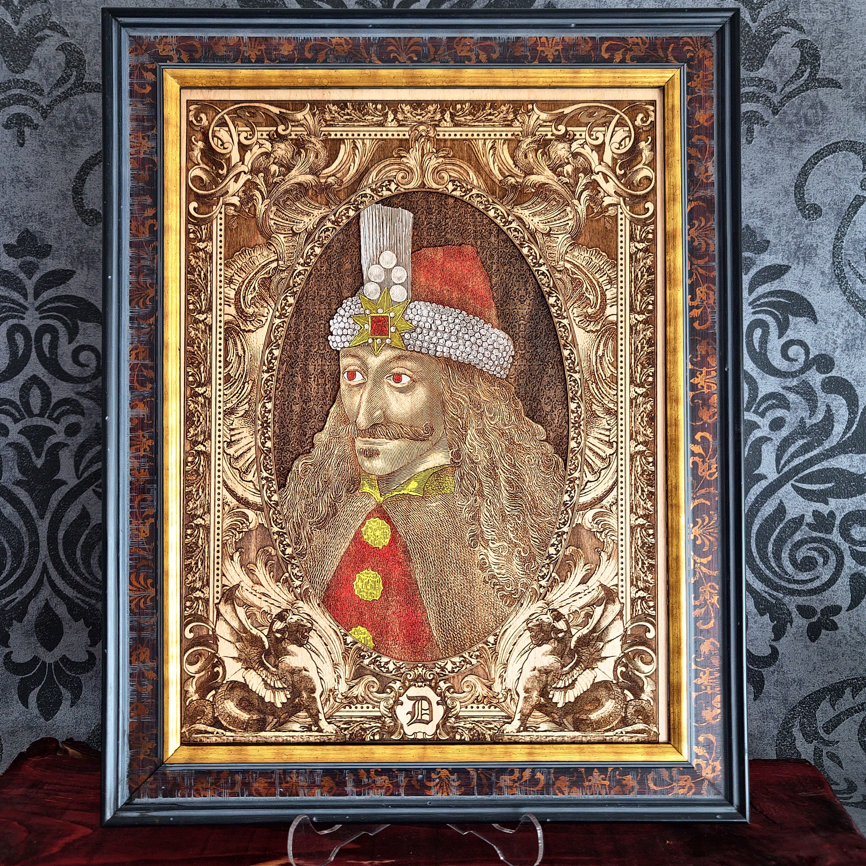 Gothic wood wall art of Vlad the Impaler with detailed laser engraving
