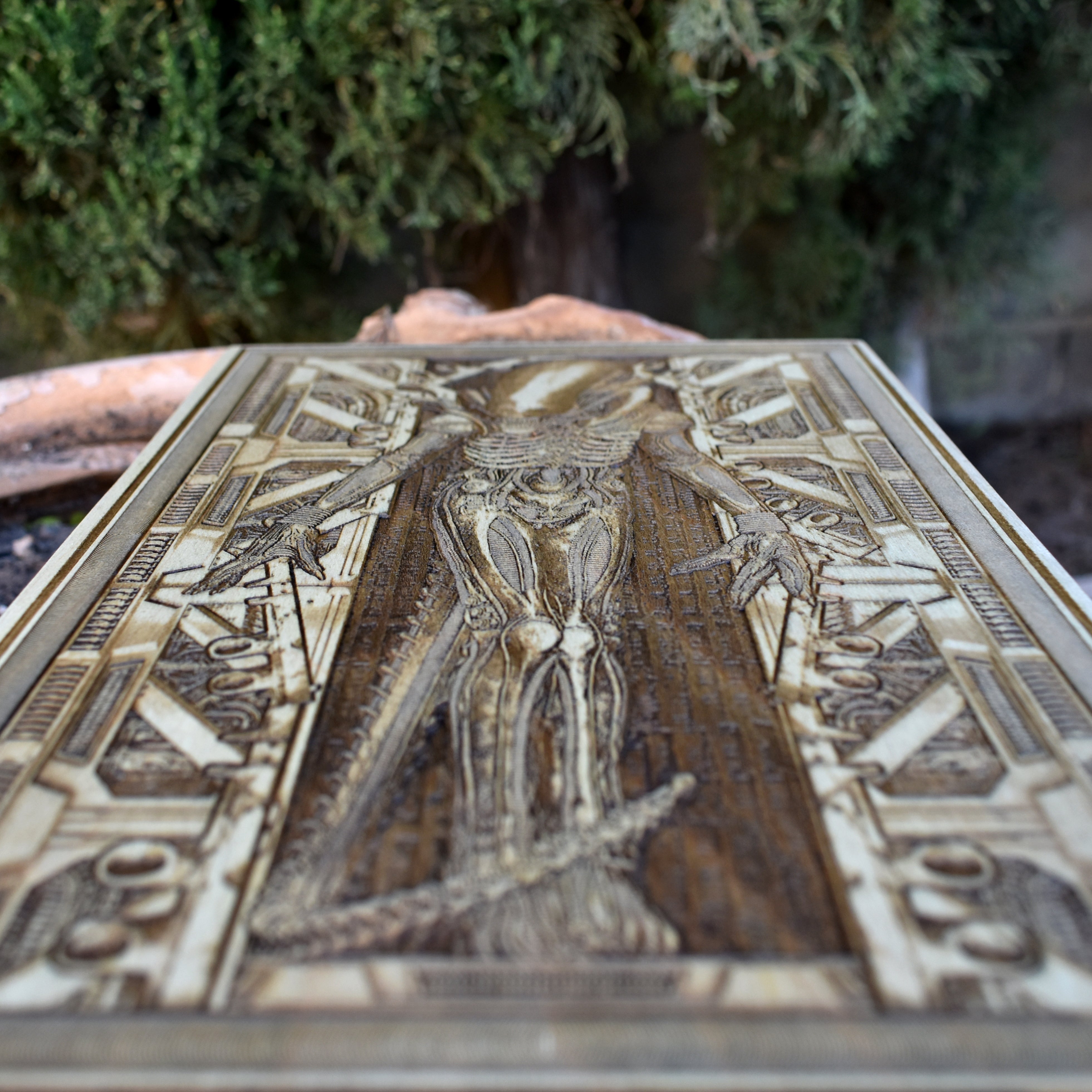 Sci-fi alien wall art with detailed wood engraving for collectors