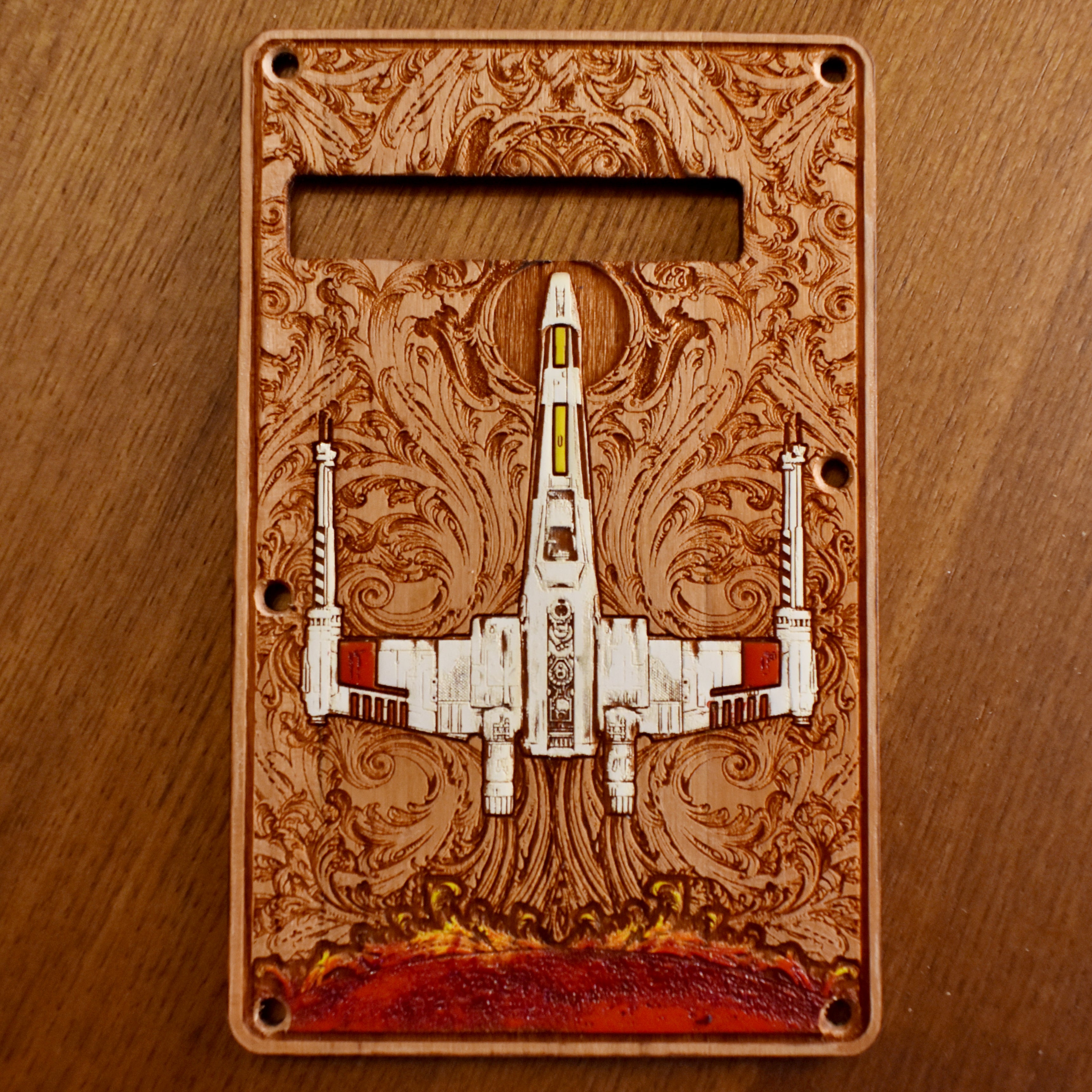 X-Wing Painted Tremolo Cover for Stratocaster Electric Guitar β gothic art, engraved wood, dark fantasy, skeleton design, artisan crafted