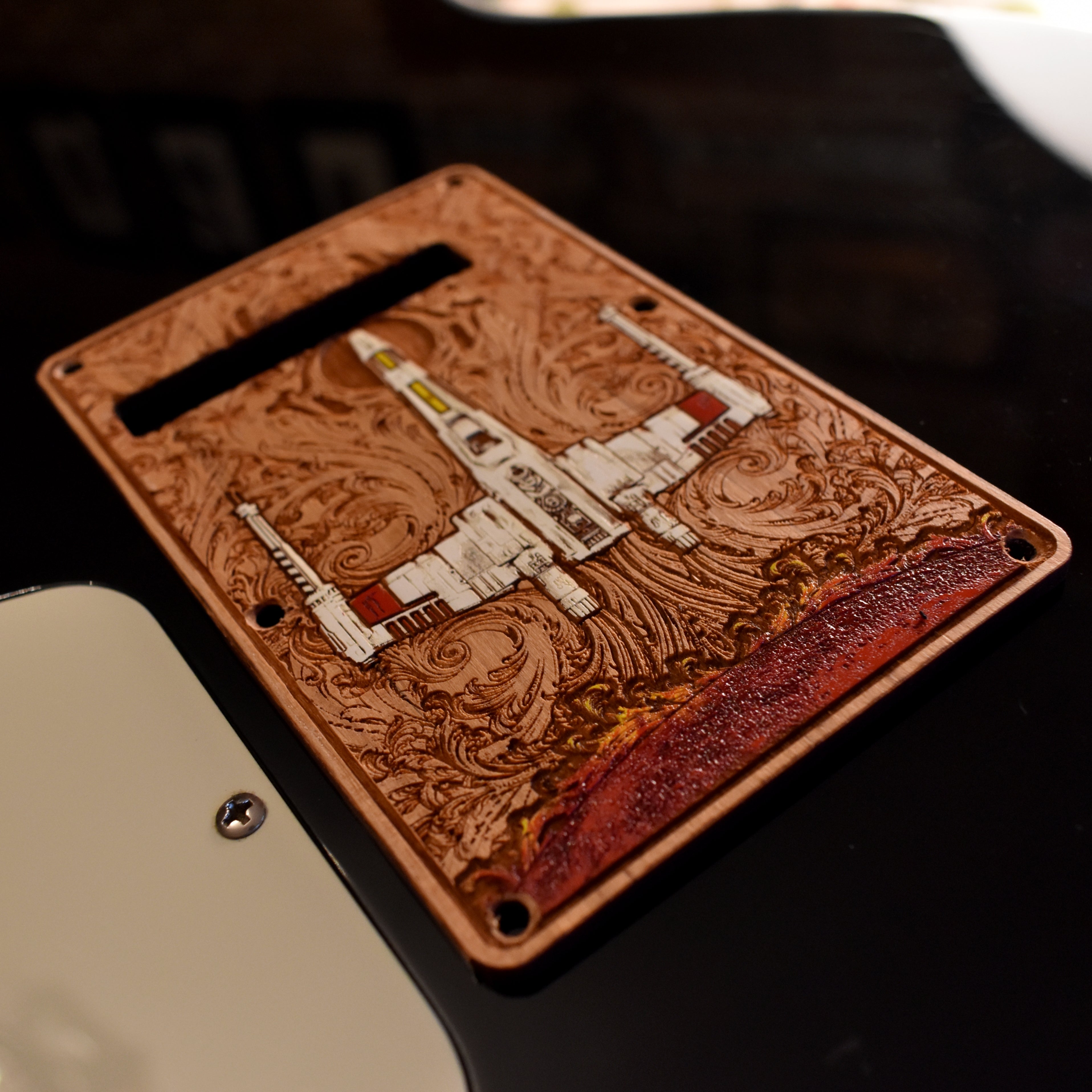 X-Wing Painted Tremolo Cover for Stratocaster Electric Guitar – gothic art, engraved wood, dark fantasy, skeleton design, artisan crafted