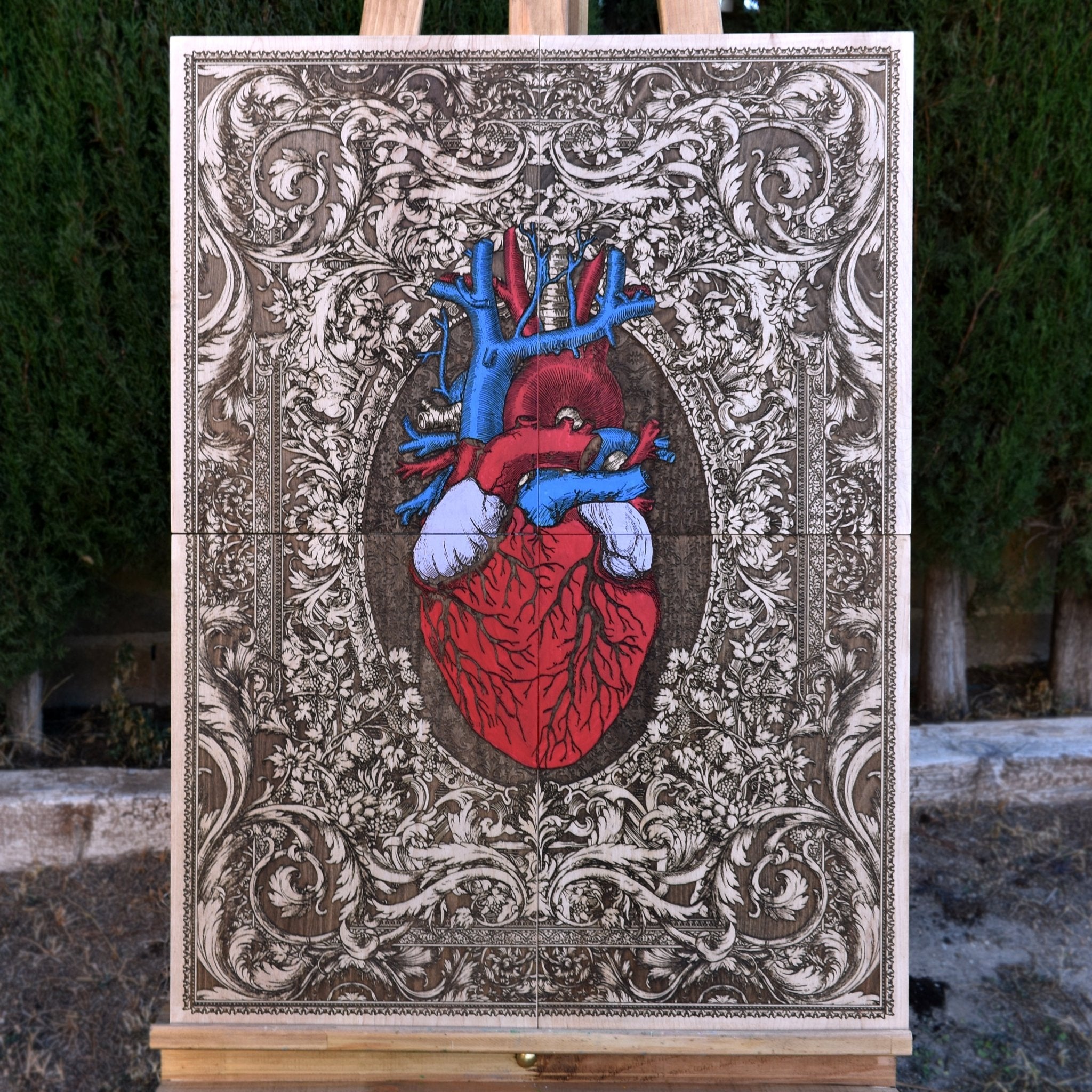 Hand-painted anatomical heart artwork on premium maple wood, featuring intricate brushwork and a rich, natural wood grain for a unique artistic wall piece.