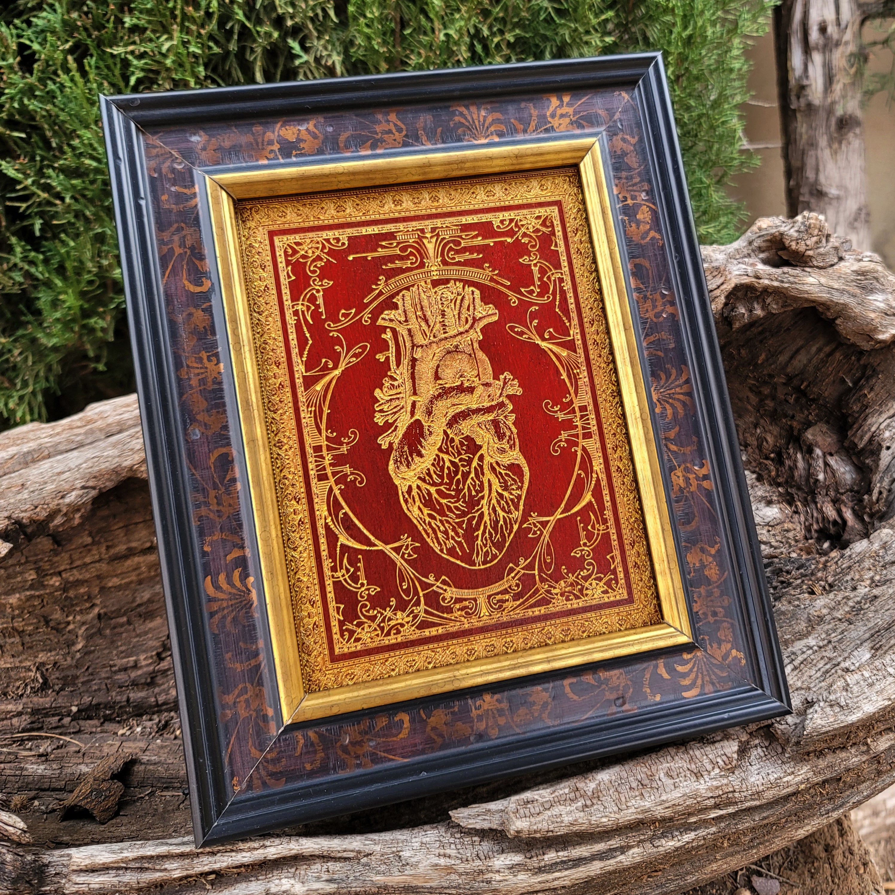 Gothic-style anatomical heart art in red and gold on a rustic wood background.