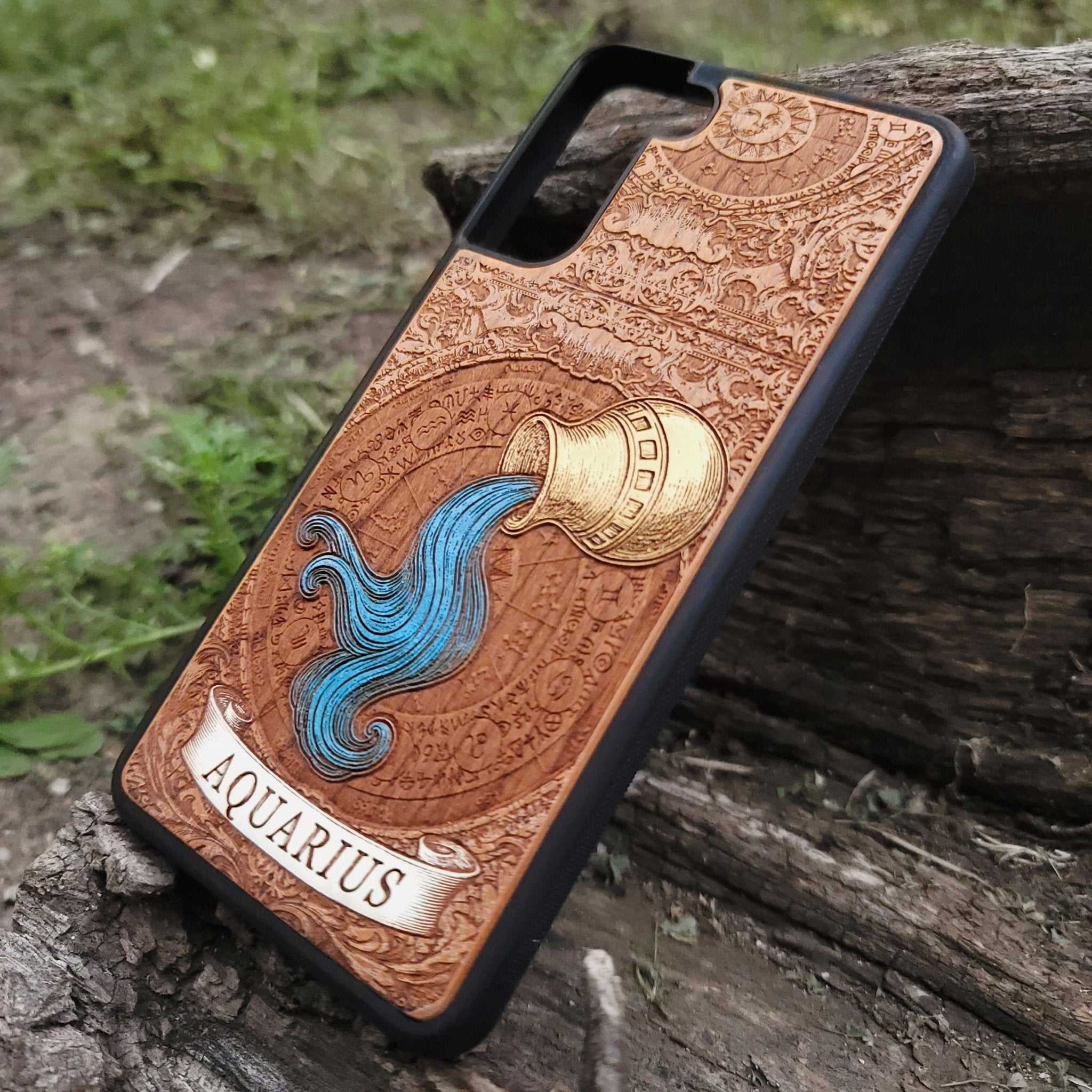 Handcrafted Aquarius astrology phone case made from natural wood