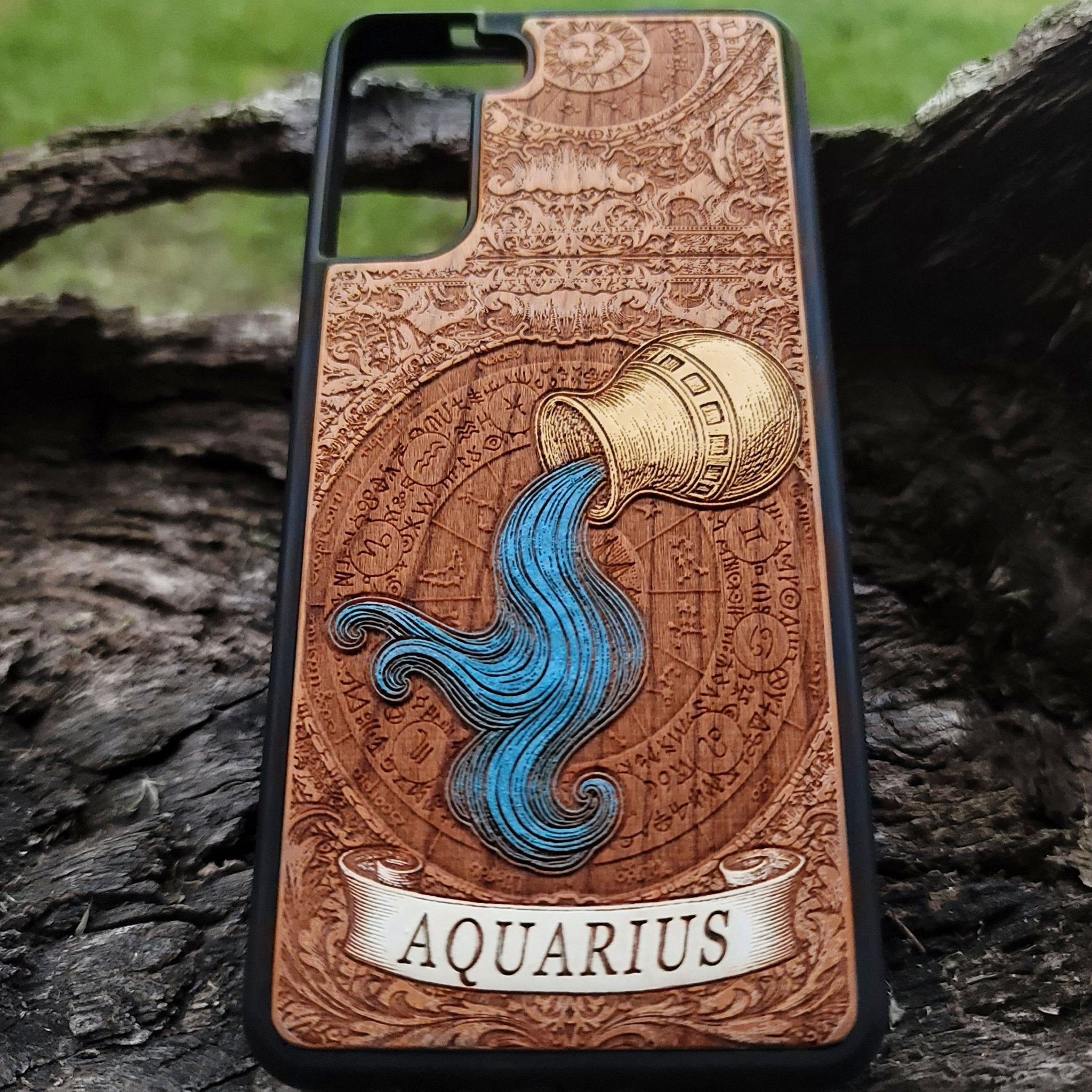 Unique hand-painted Aquarius zodiac phone cover with wood texture