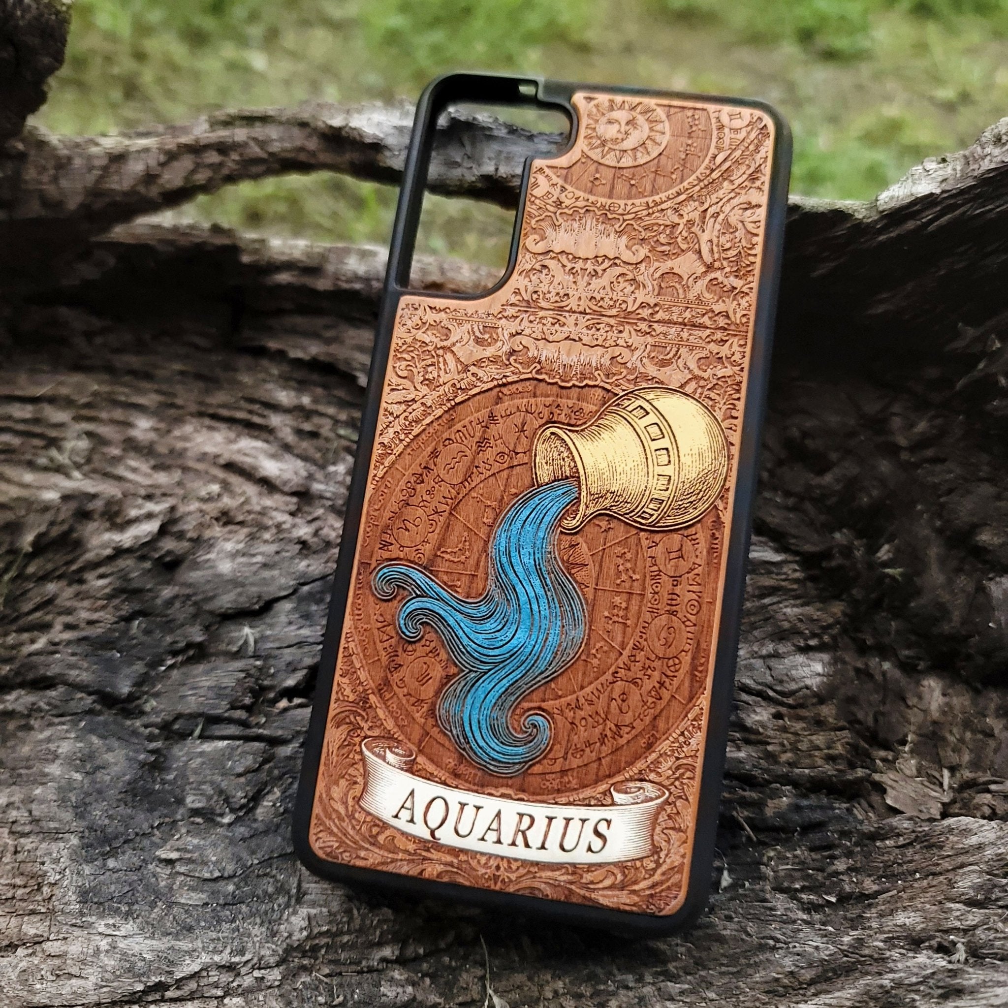 Wood phone case with detailed Aquarius zodiac symbol and stars