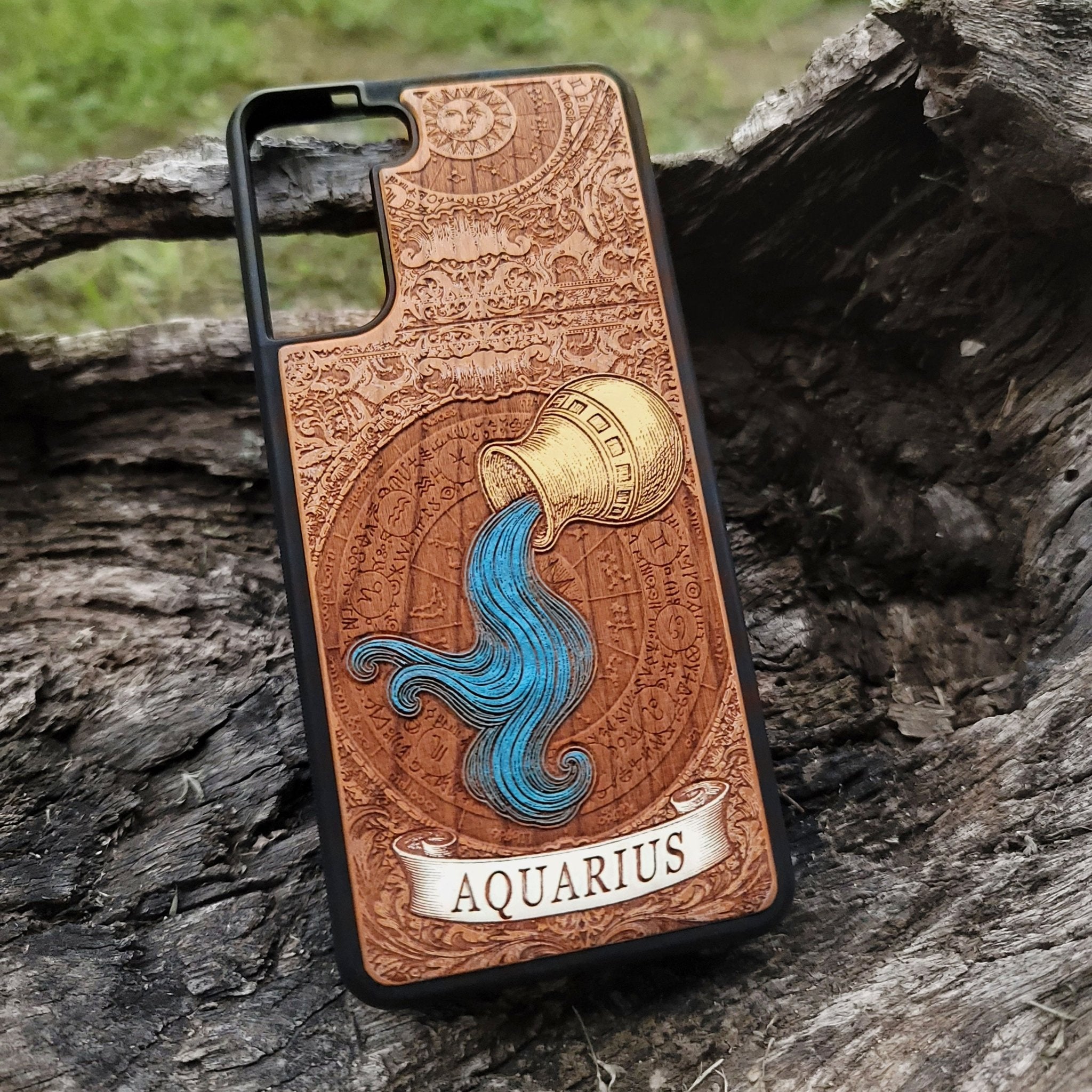 Aquarius phone case with engraved constellation and water bearer art