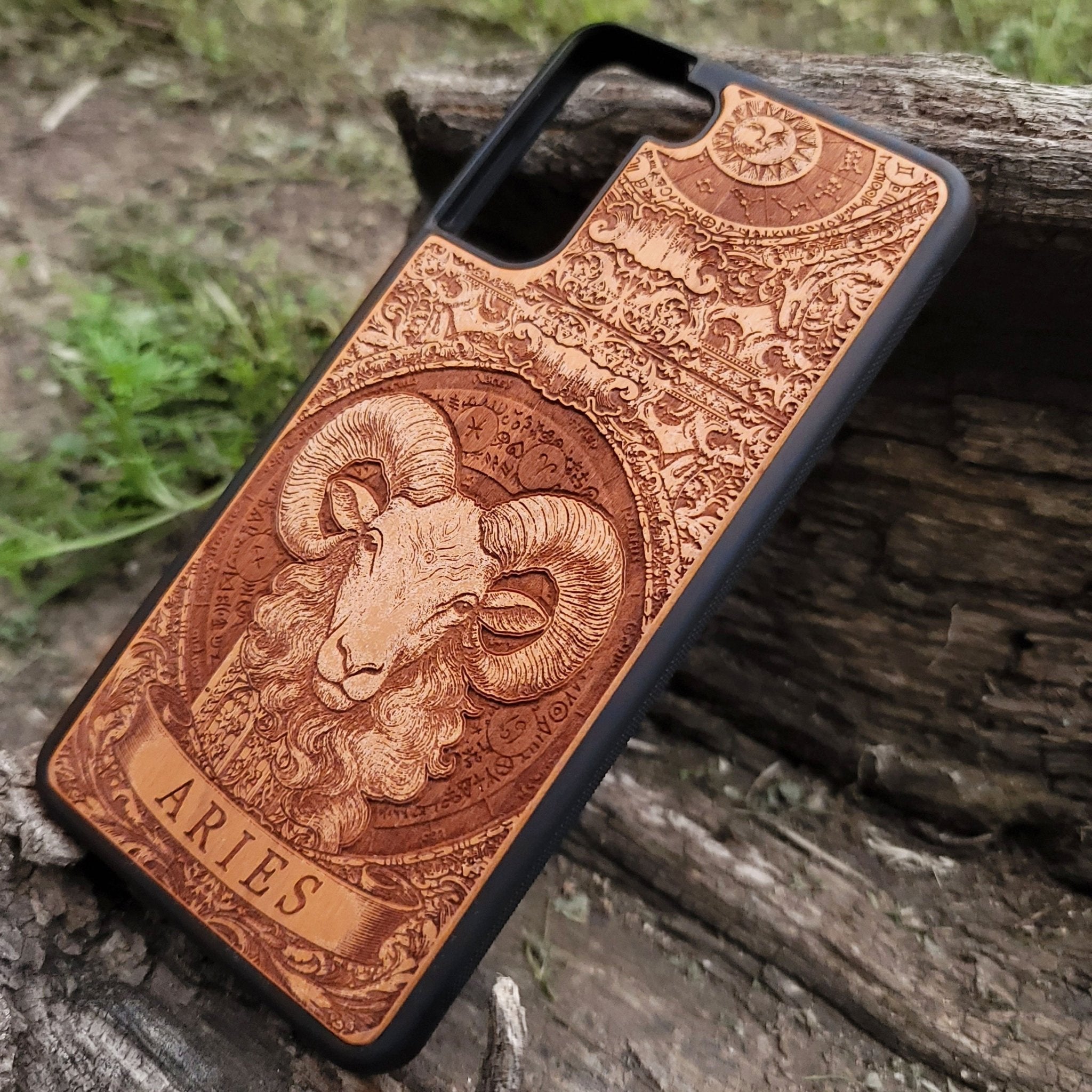 Wooden zodiac phone cover for Aries horoscope fans
