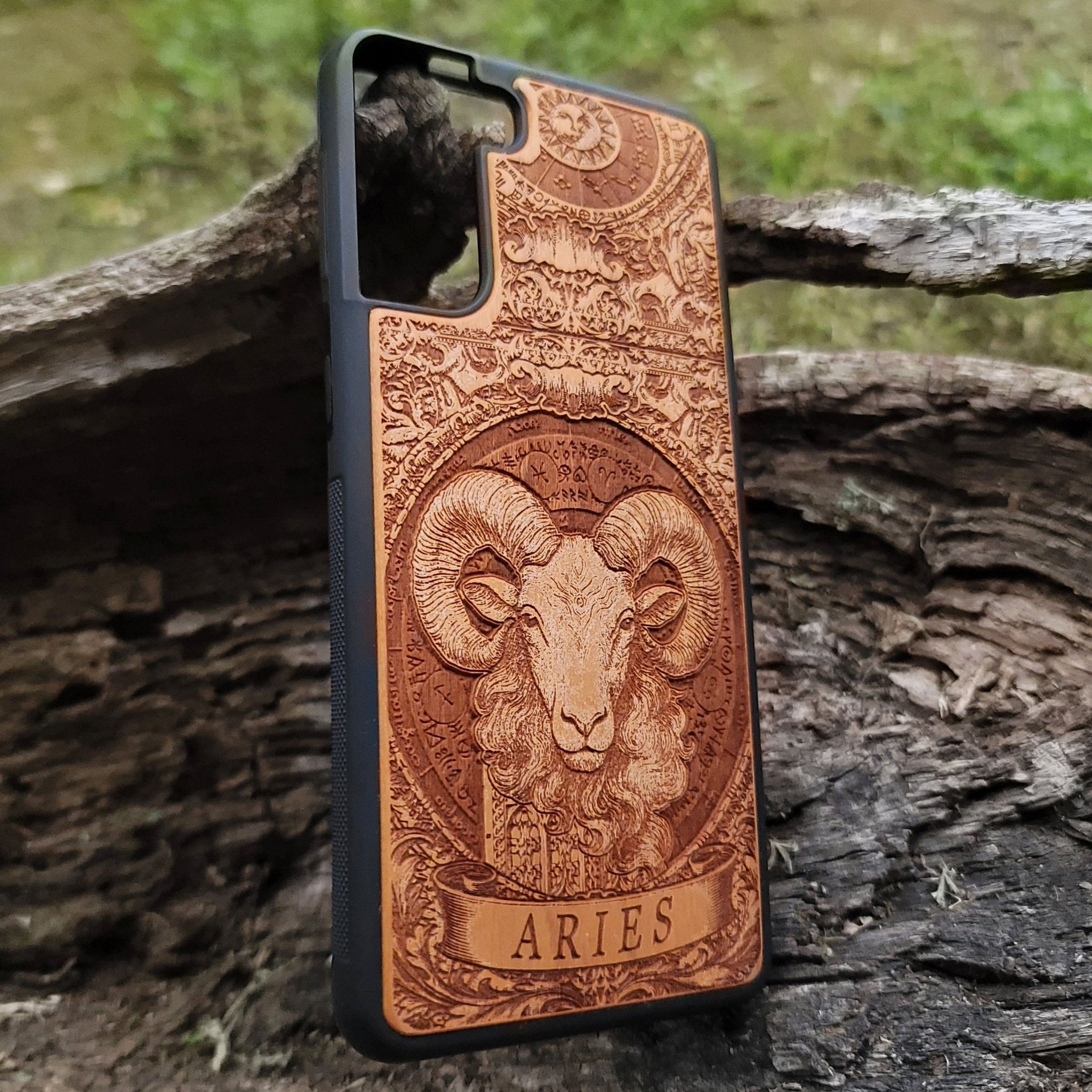 Handcrafted wood phone case with Aries ram design