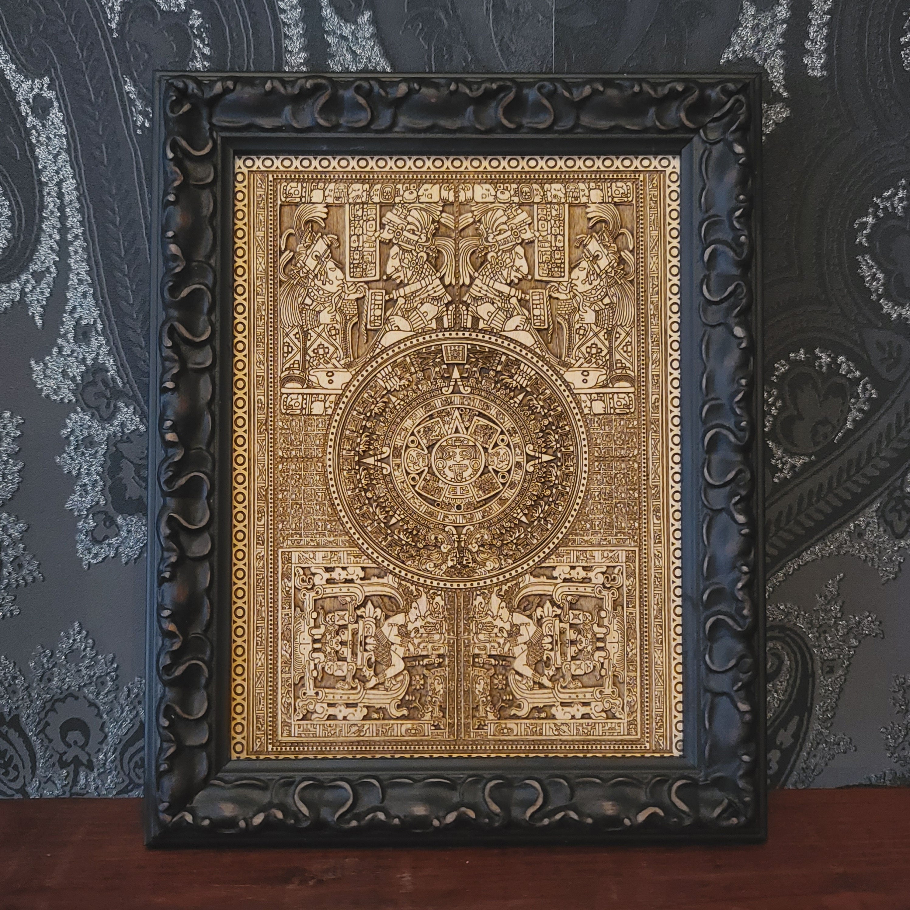framed aztec calendar wall art engraved on wood