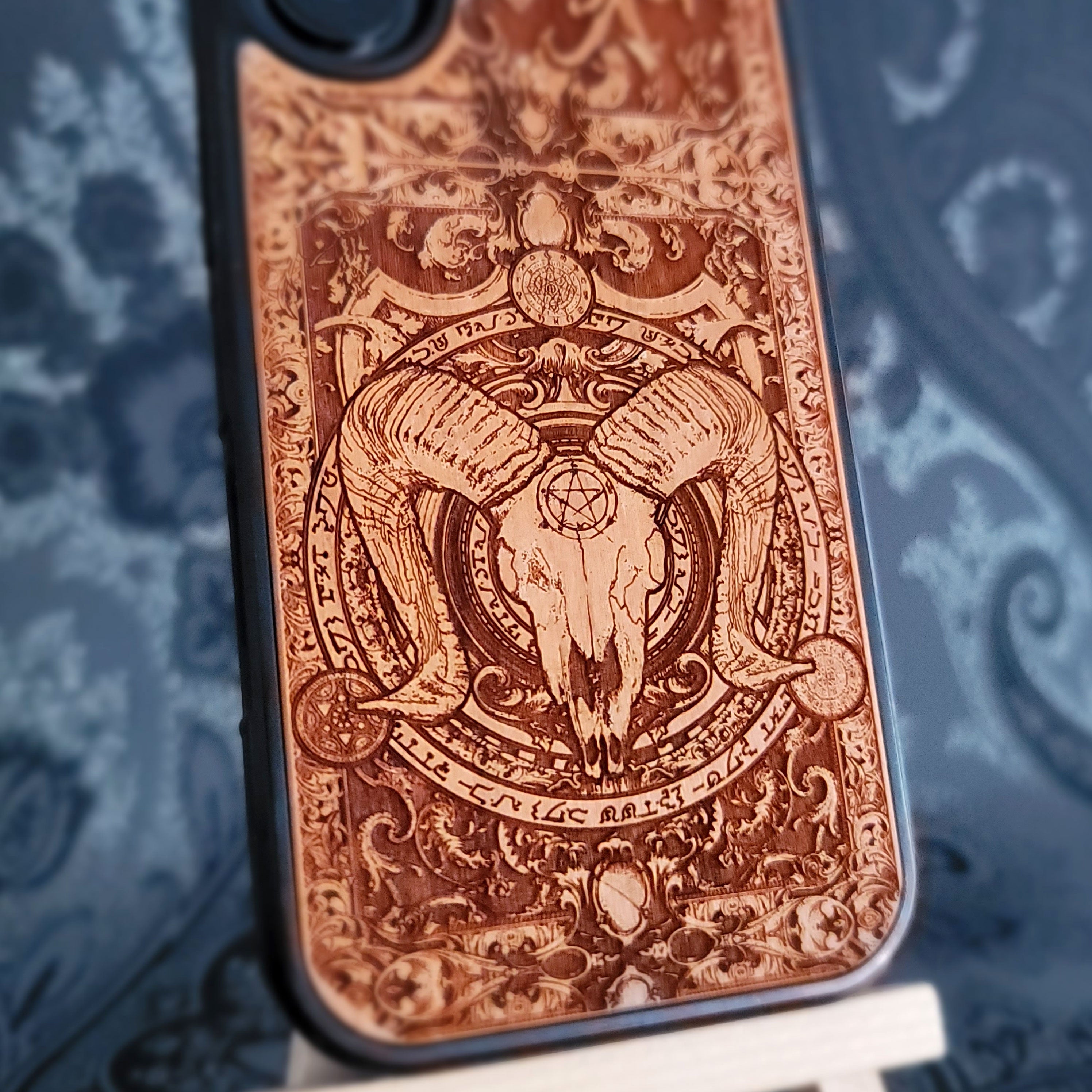 Baphomet Skull wood phone case, gothic laser-engraved design for iPhone & Galaxy