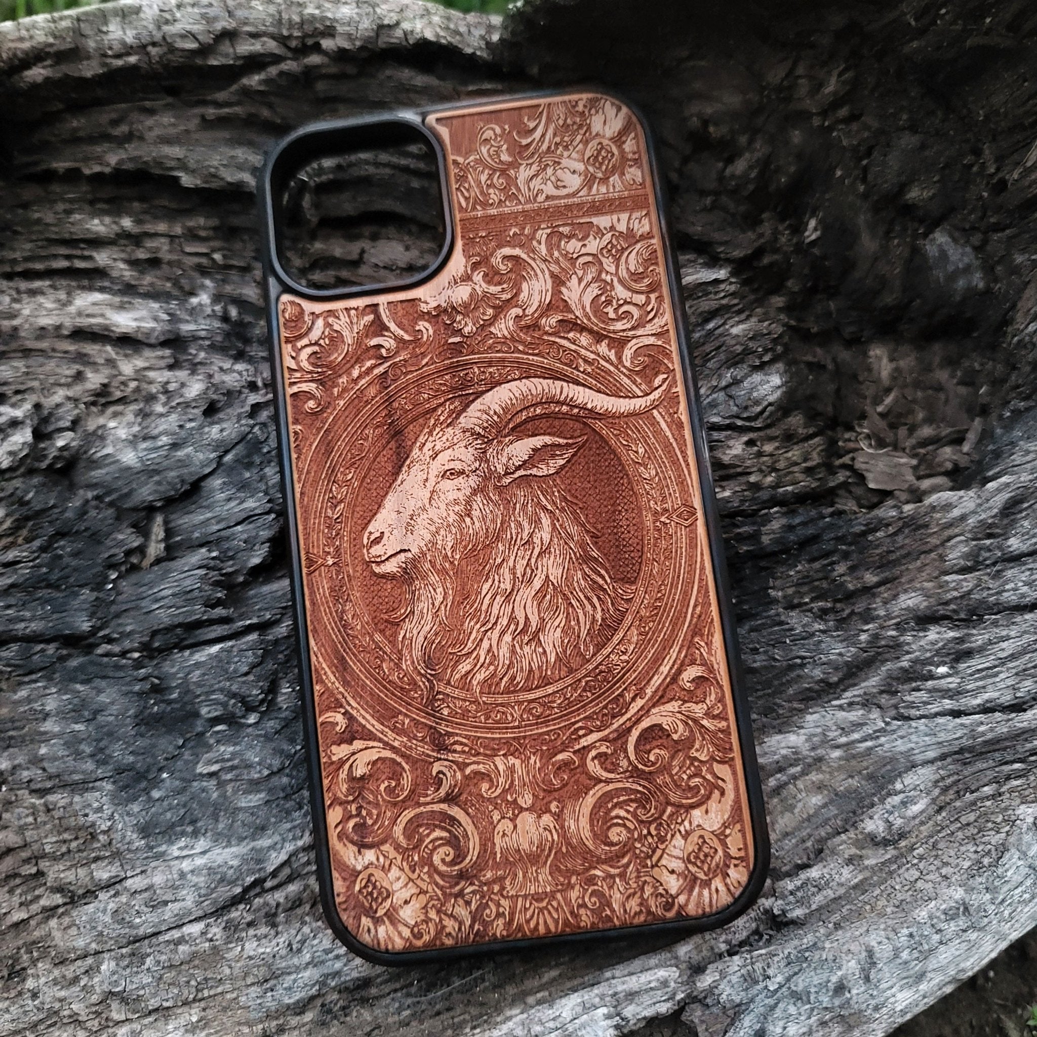 Occult goat head wood case iPhone laser engraved