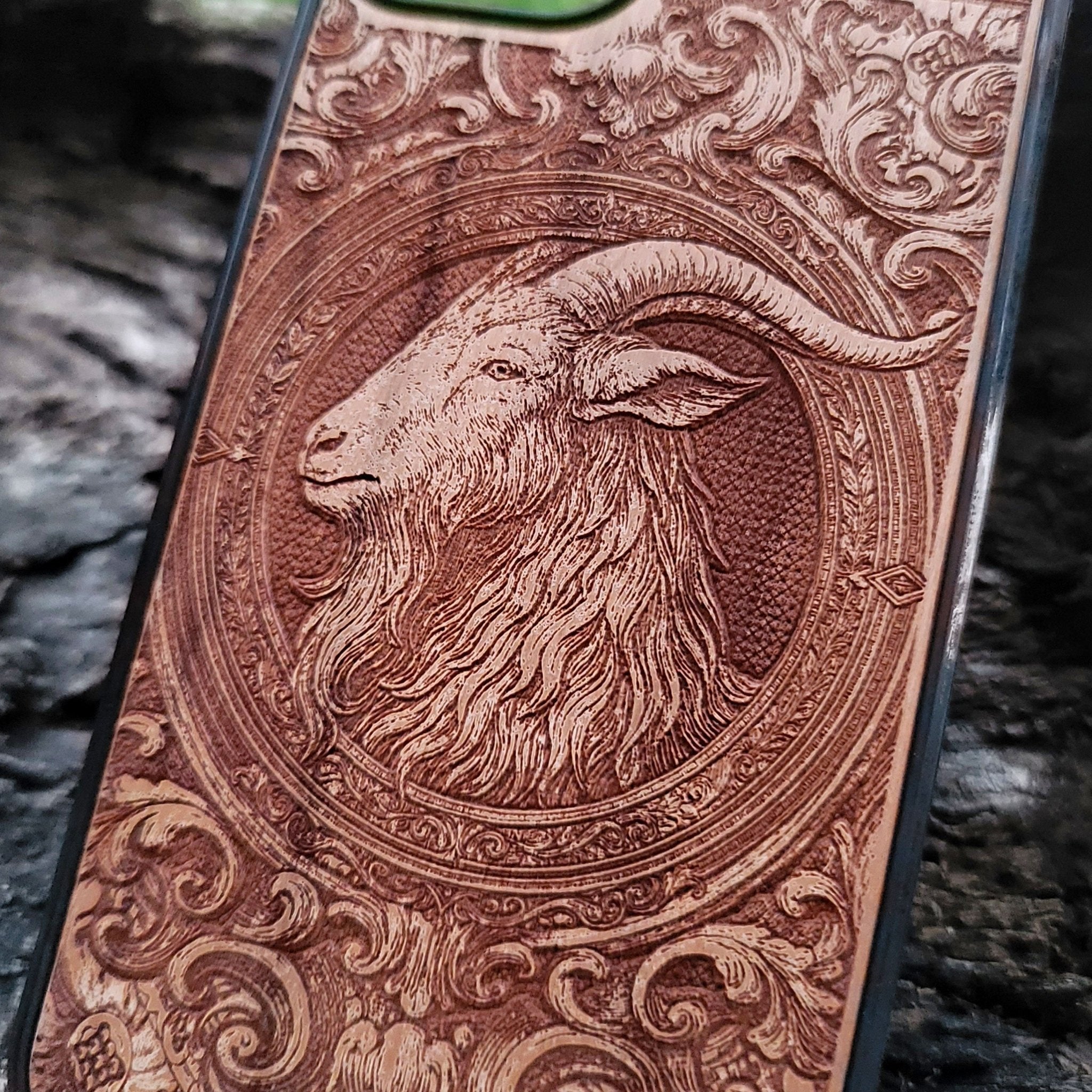 Handcrafted goat wood phone case iPhone Galaxy occult art