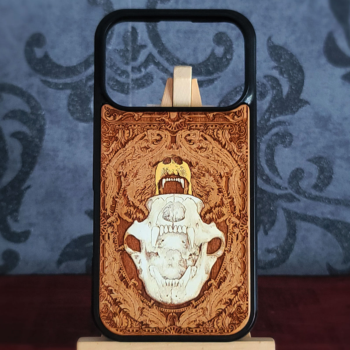 Hand painted bear skull wood phone case with laser engraved wildlife artwork for iPhone and Samsung Galaxy