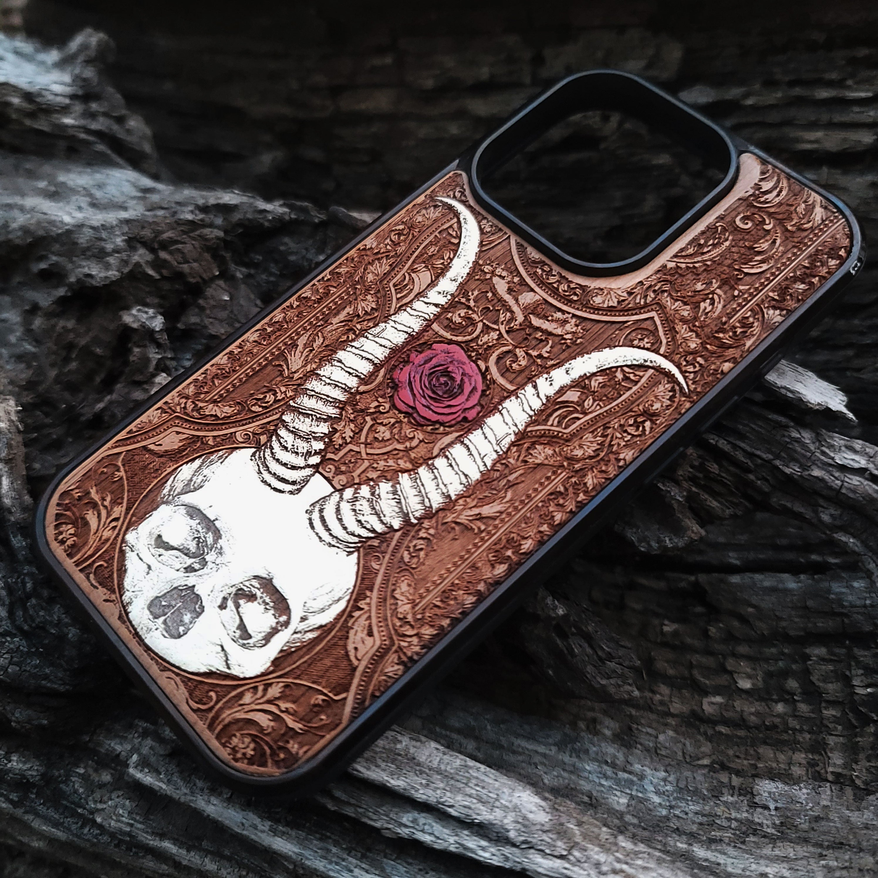 Beelzebub-inspired gothic artwork engraved on a white wooden phone case, compatible with iPhone  and Samsung Galaxy S.