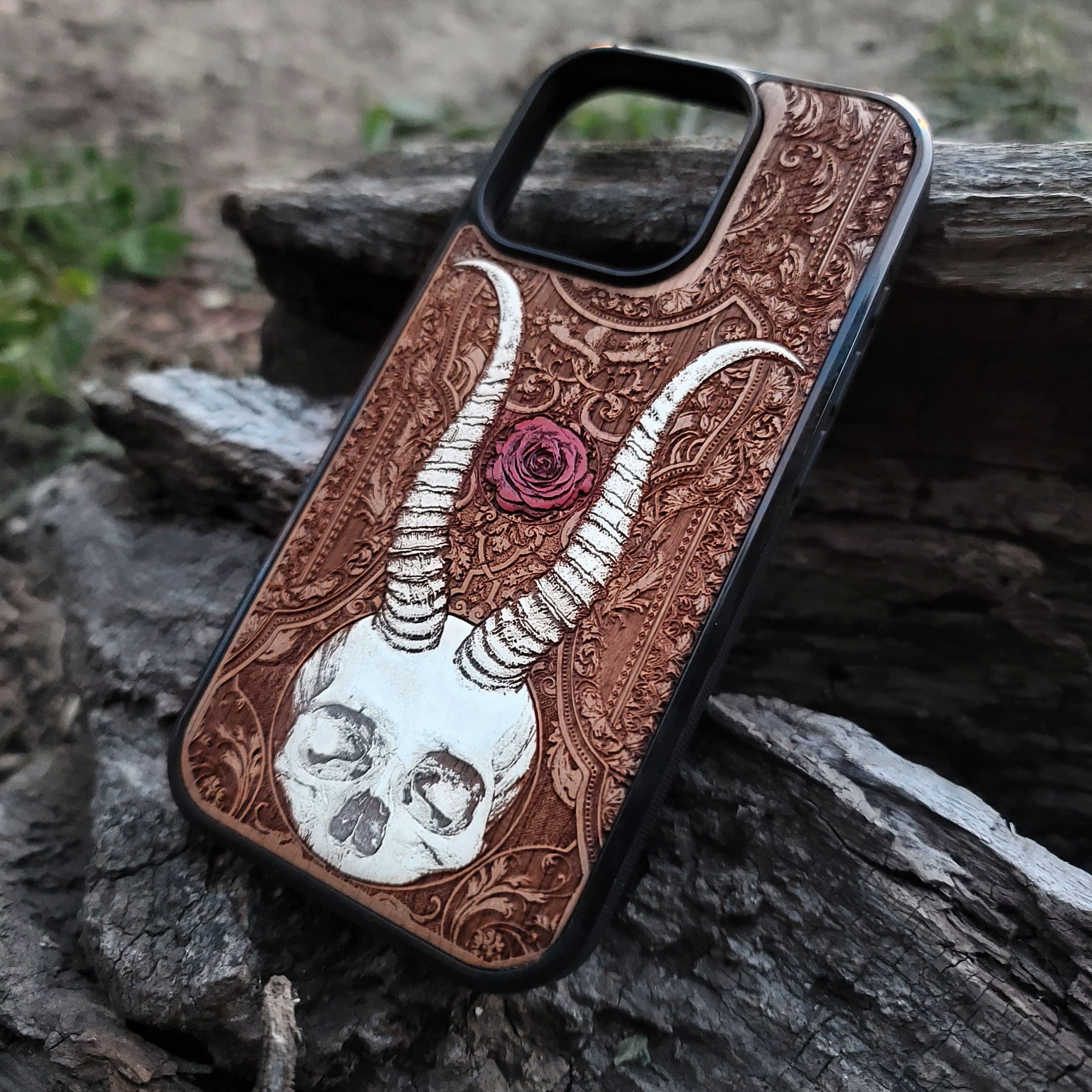 Beelzebub-inspired gothic artwork engraved on a white wooden phone case, compatible with iPhone  and Samsung Galaxy S.