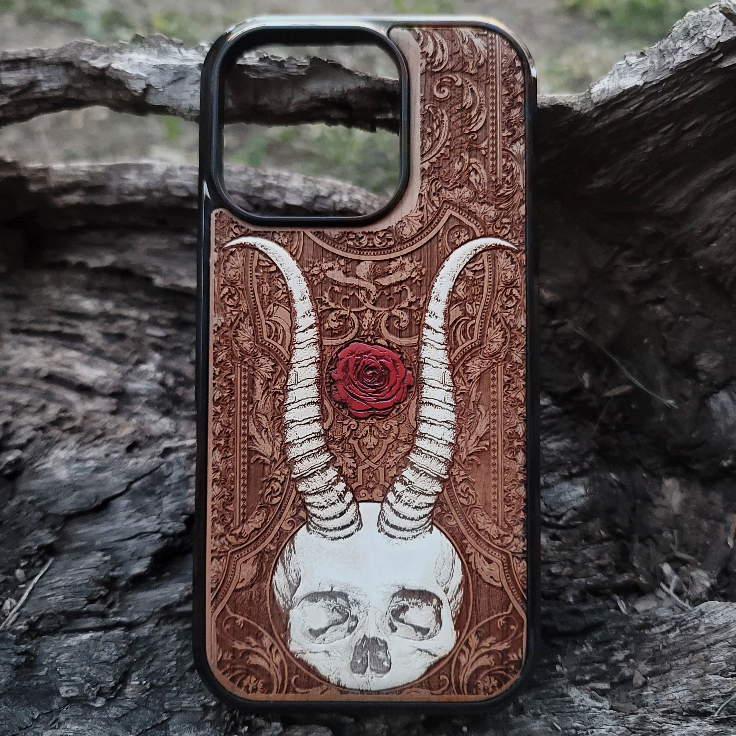 Beelzebub-inspired gothic artwork engraved on a white wooden phone case, compatible with iPhone  and Samsung Galaxy S.