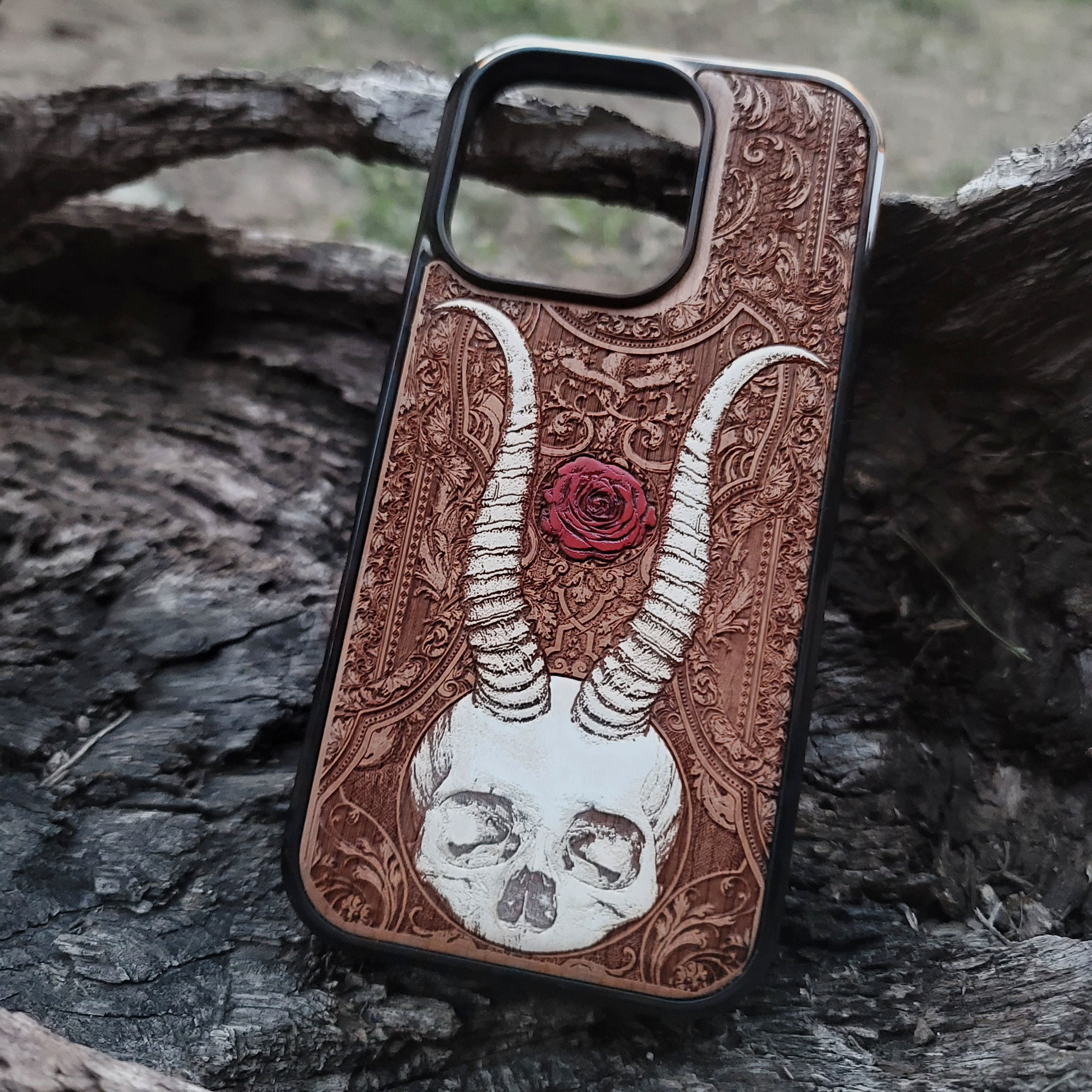 Beelzebub-inspired gothic artwork engraved on a white wooden phone case, compatible with iPhone  and Samsung Galaxy S.