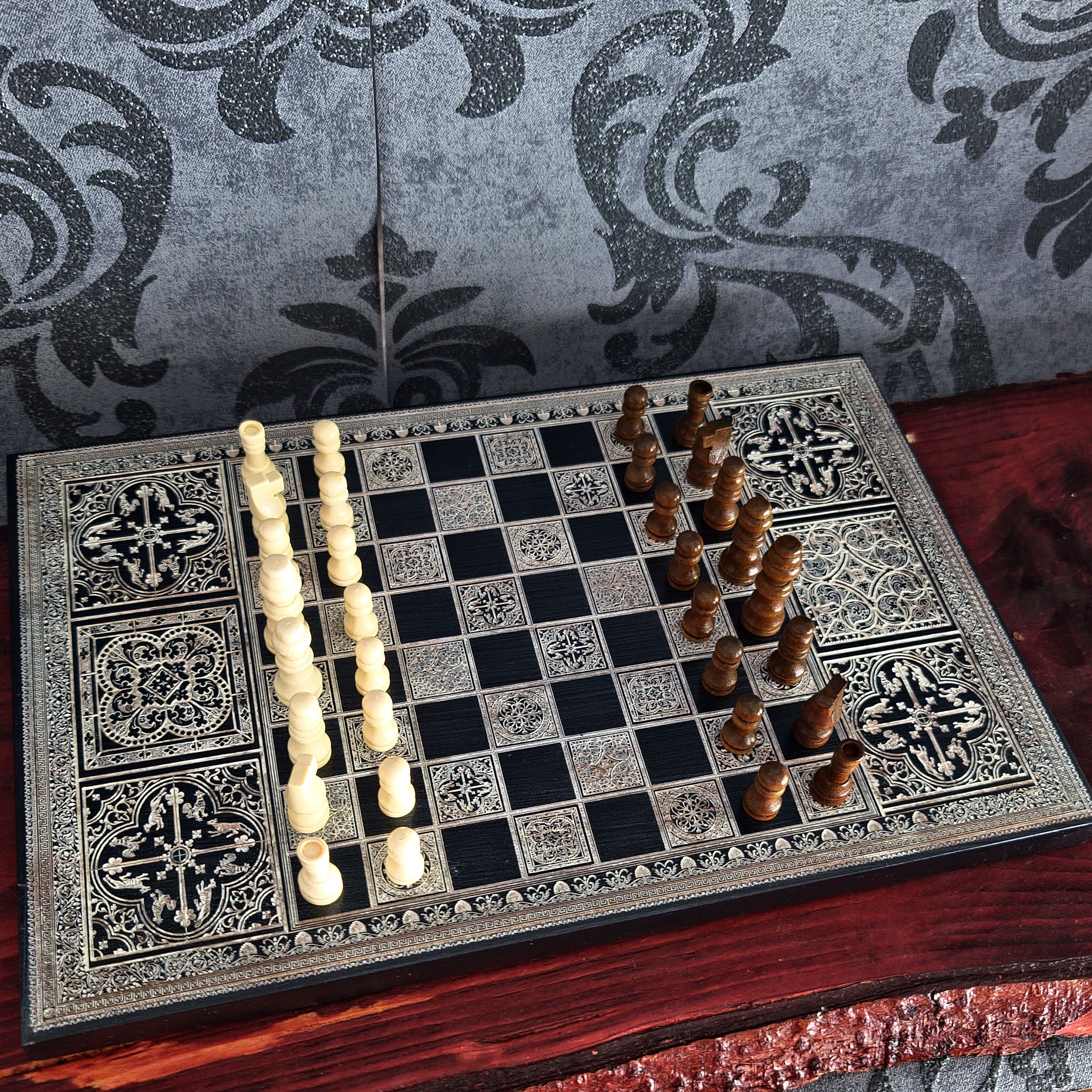 Black & Silver Chess Board Wood - A4 Size