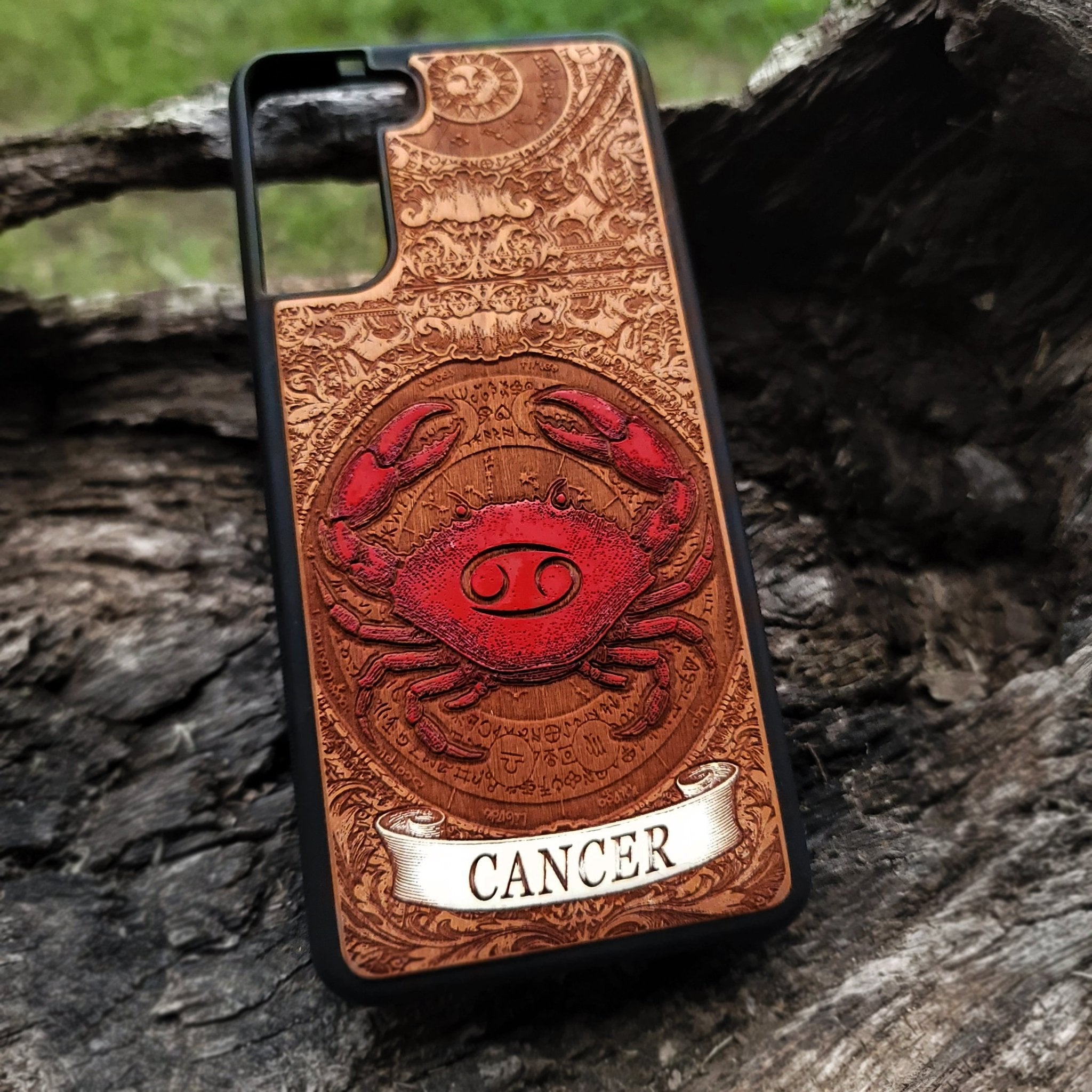 Handmade Cancer astrology phone case carved in natural wood