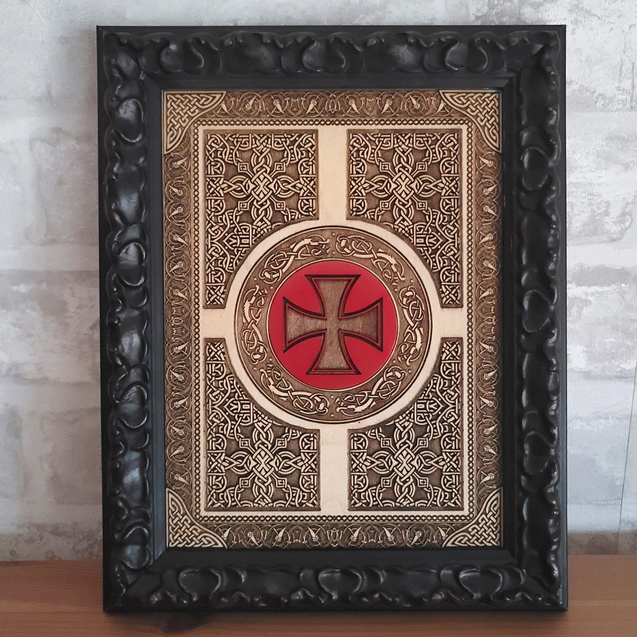 Custom wooden Celtic wall art with intricate engraving and unique symbols