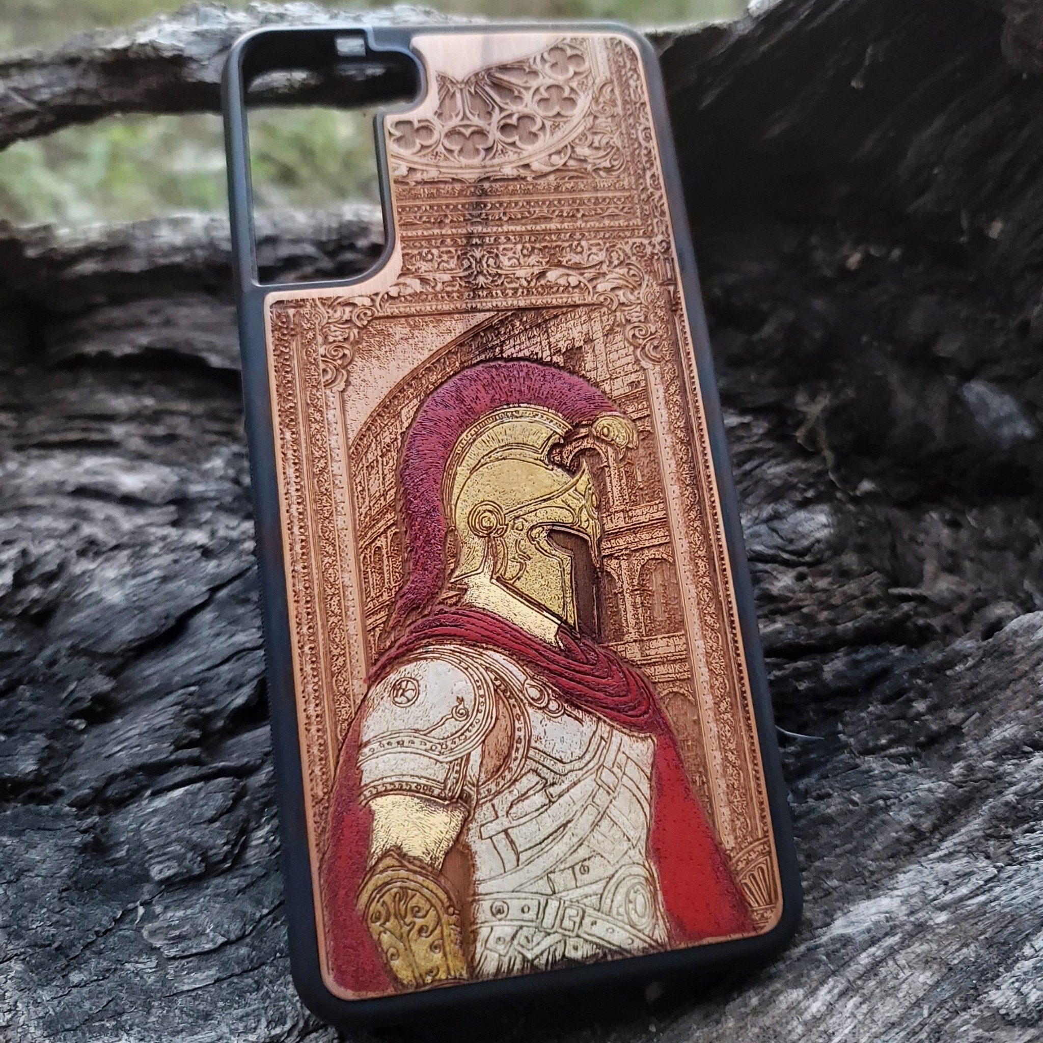 Roman centurion wood phone case – engraved & painted for iPhone , Galaxy S – historical warrior design