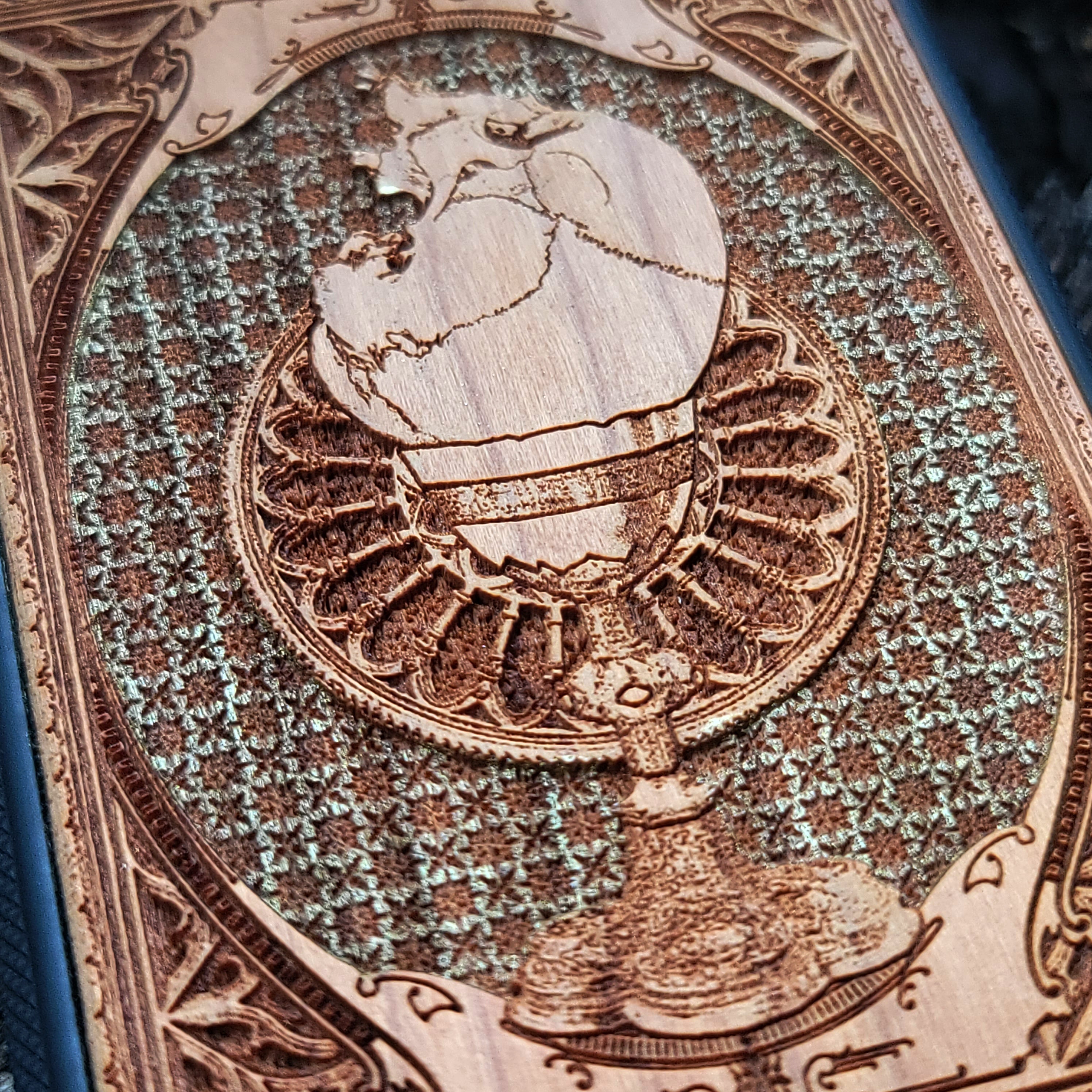 Gothic chalice artwork engraved on a wooden phone case, compatible with iPhone and Samsung Galaxy