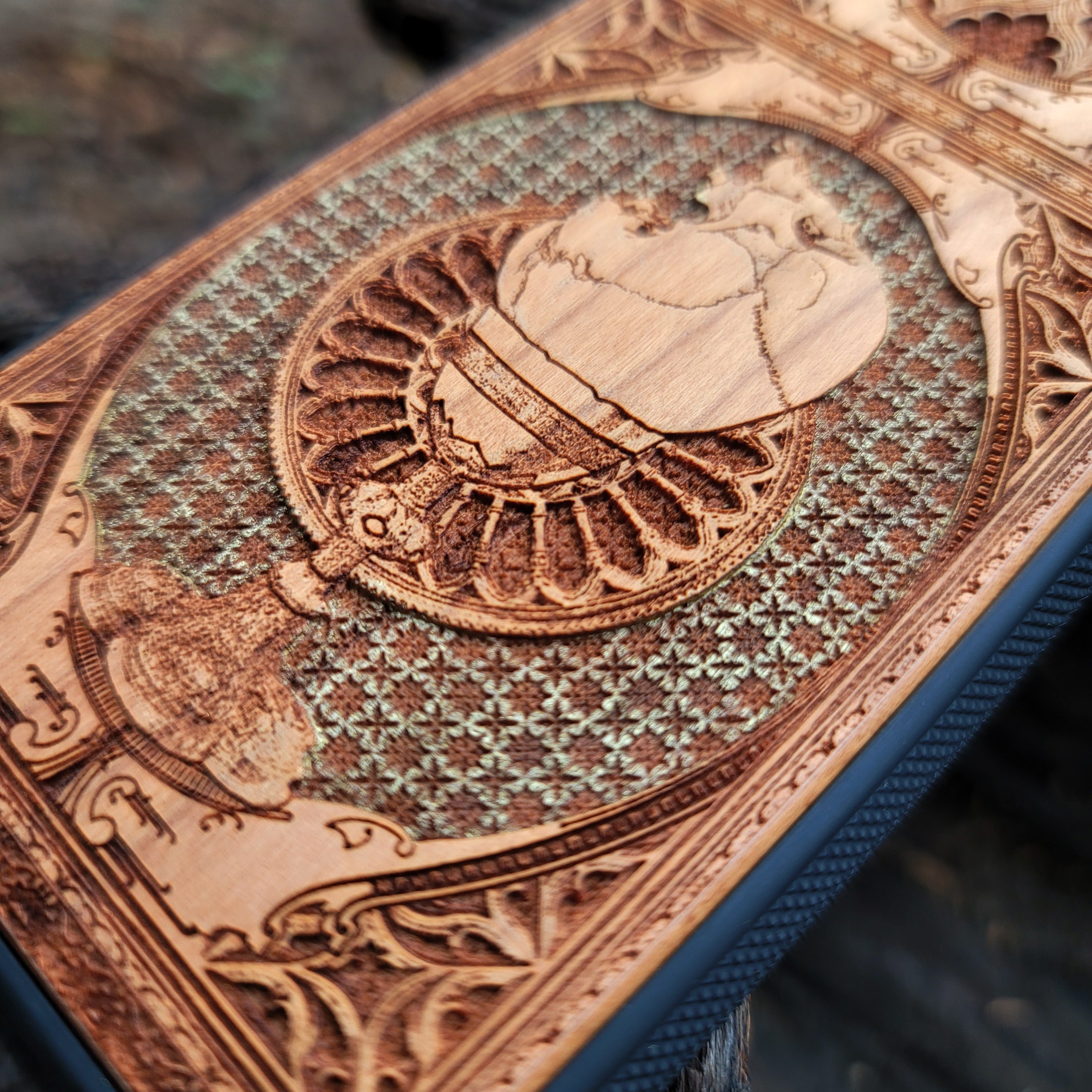 Gothic chalice artwork engraved on a wooden phone case, compatible with iPhone and Samsung Galaxy