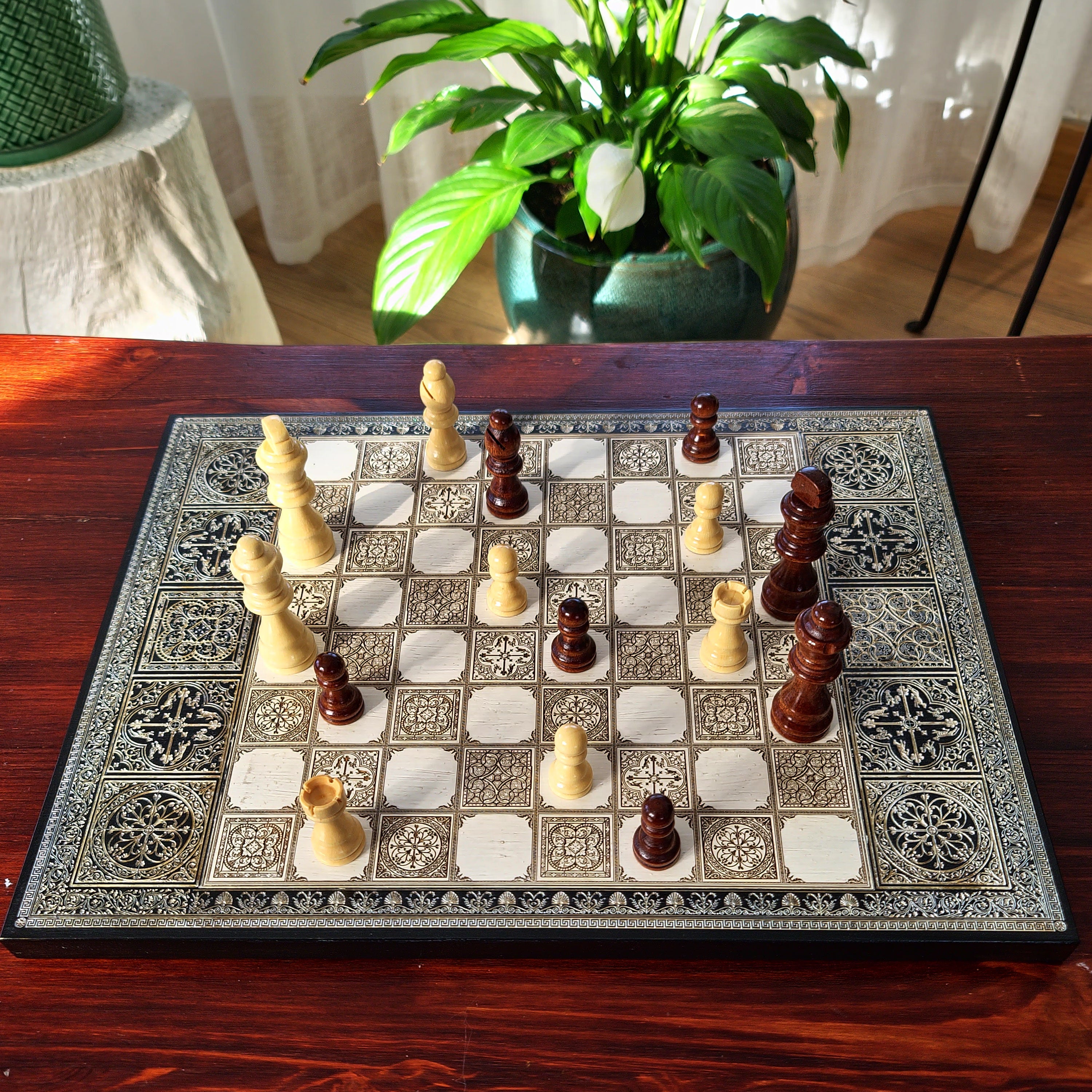 Handmade maple wood chess board with engraved Spanish tile pattern and black silver frame, luxury wooden chessboard gift