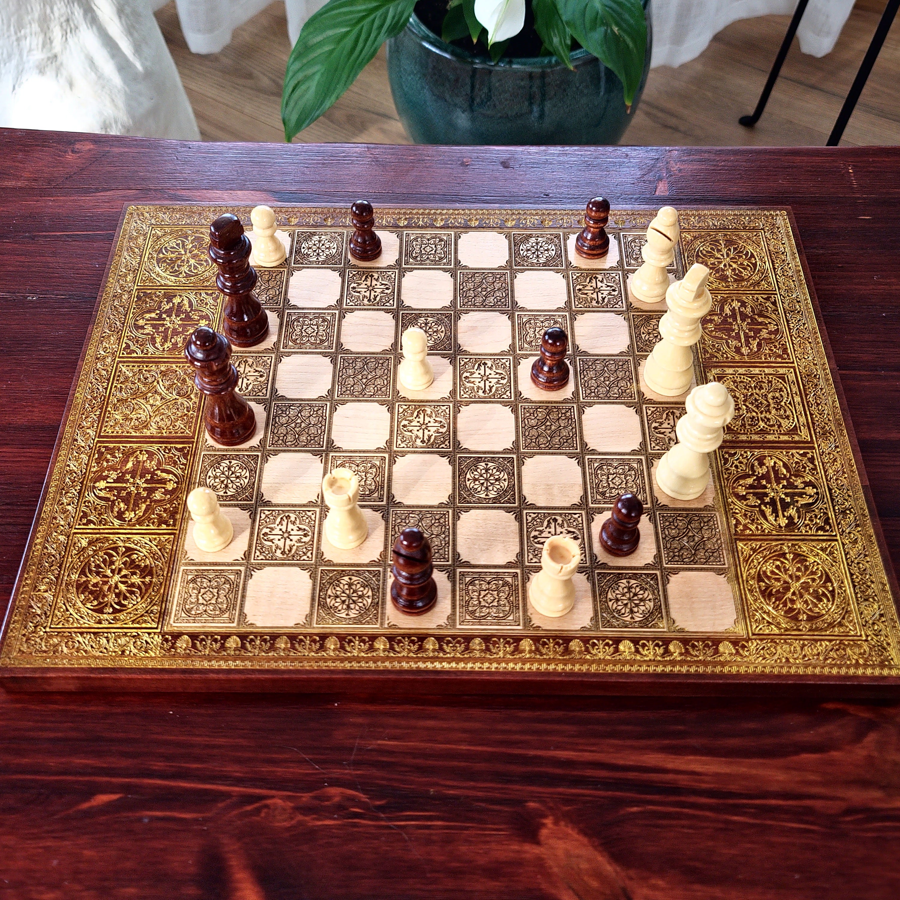 Spanish Tiles Chess Board - Walnut & Gold - A3 Large Size
