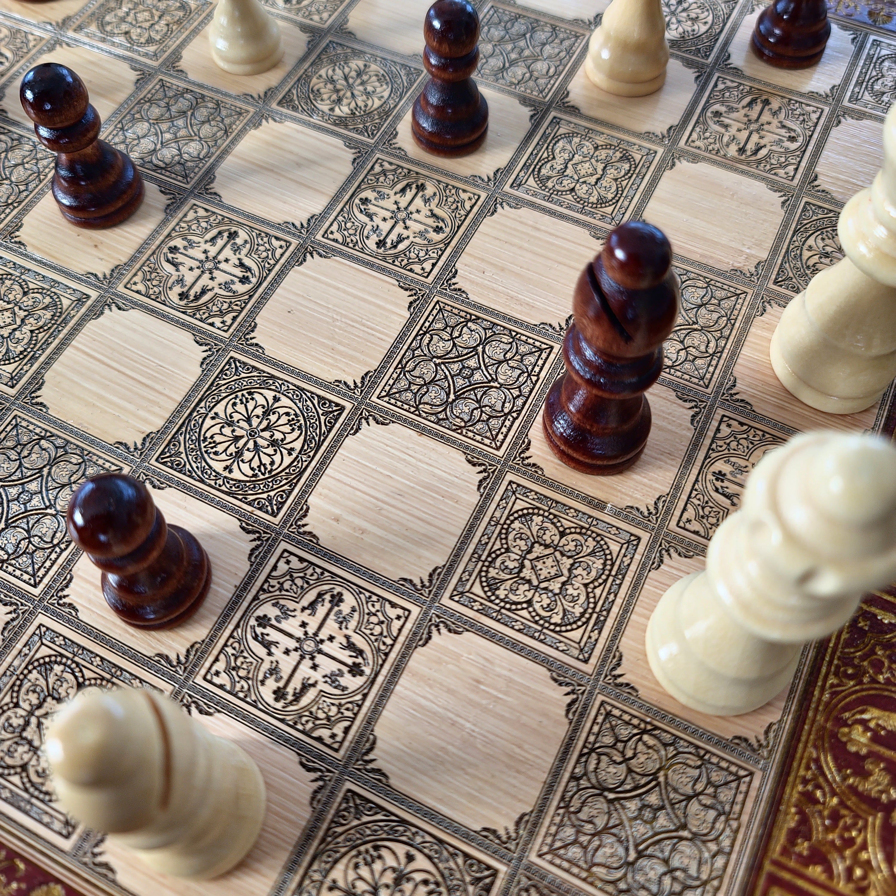 Spanish Tiles Chess Board - Red Walnut & Gold - A3 Large Size