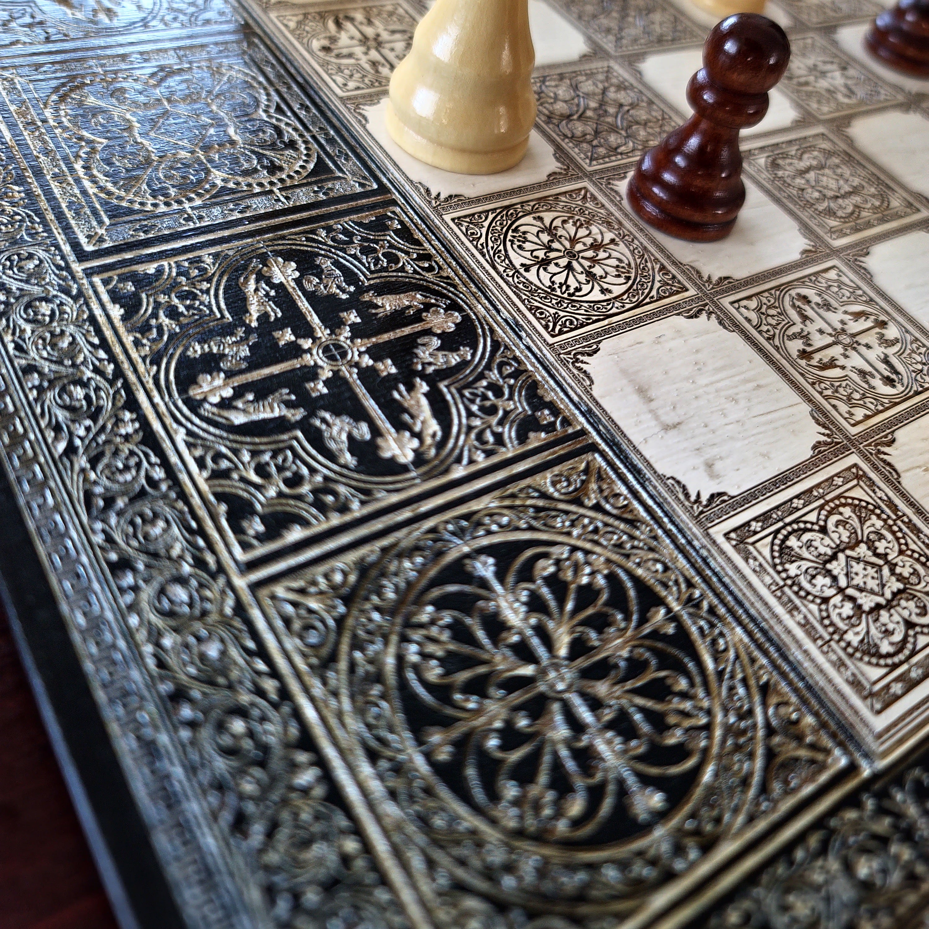 Handmade maple wood chess board with engraved Spanish tile pattern and black silver frame, luxury wooden chessboard gift
