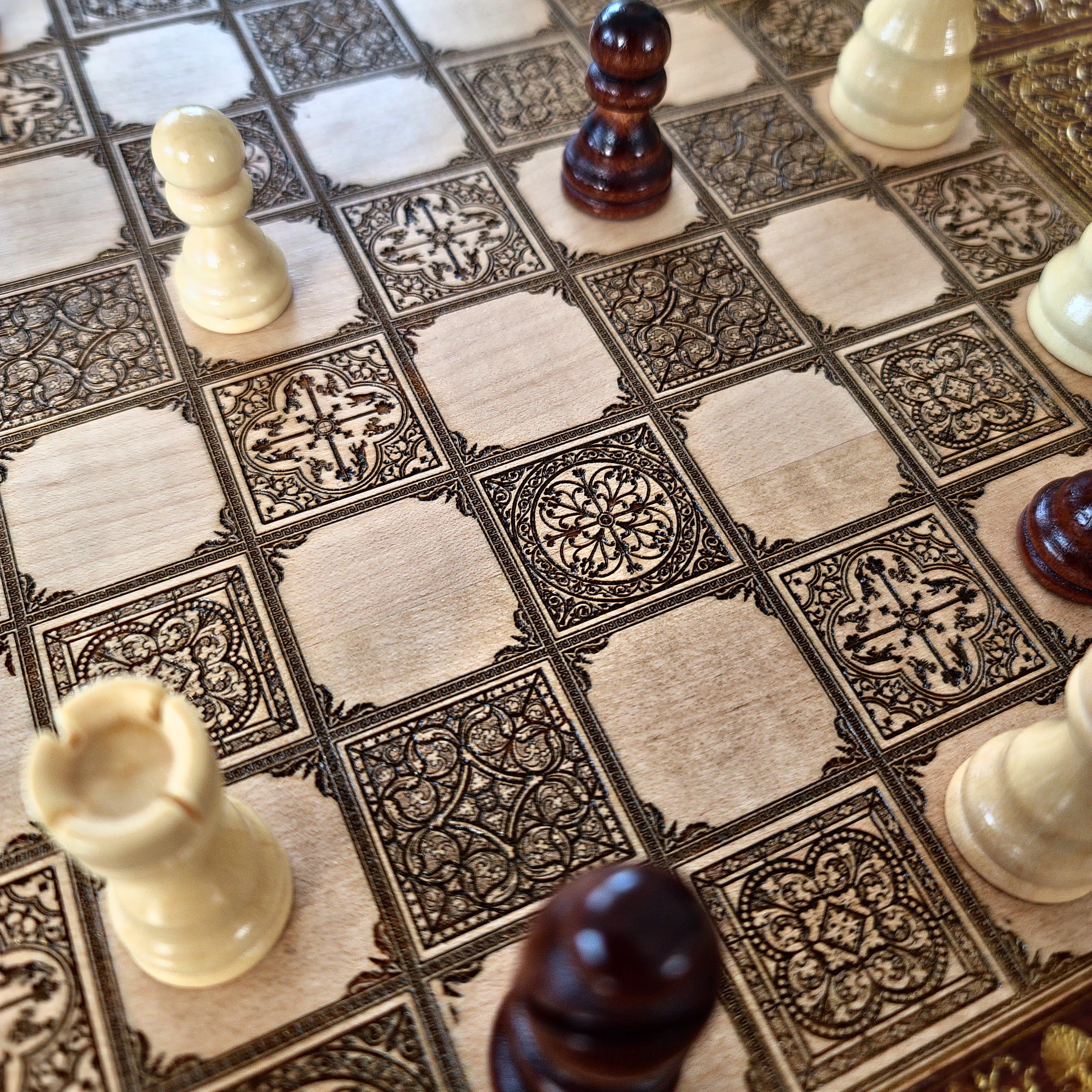 Spanish Tiles Chess Board - Walnut & Gold - A3 Large Size