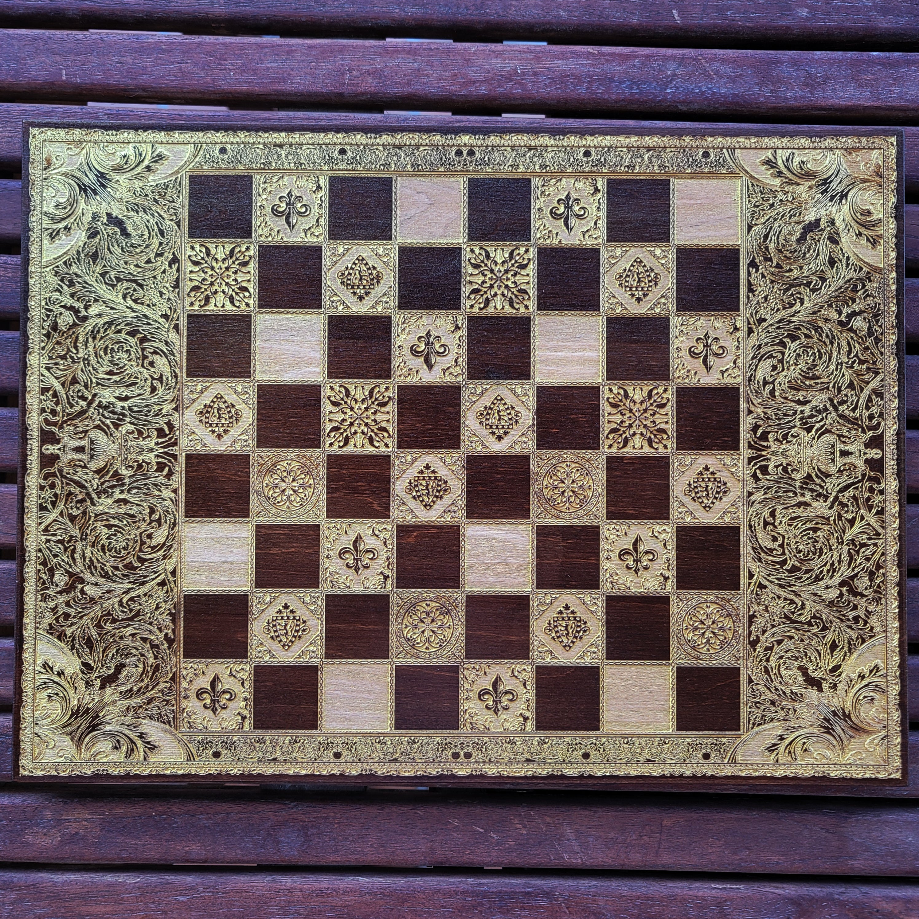 Ornate Chess Board - Walnut & Gold - A3 Large Size