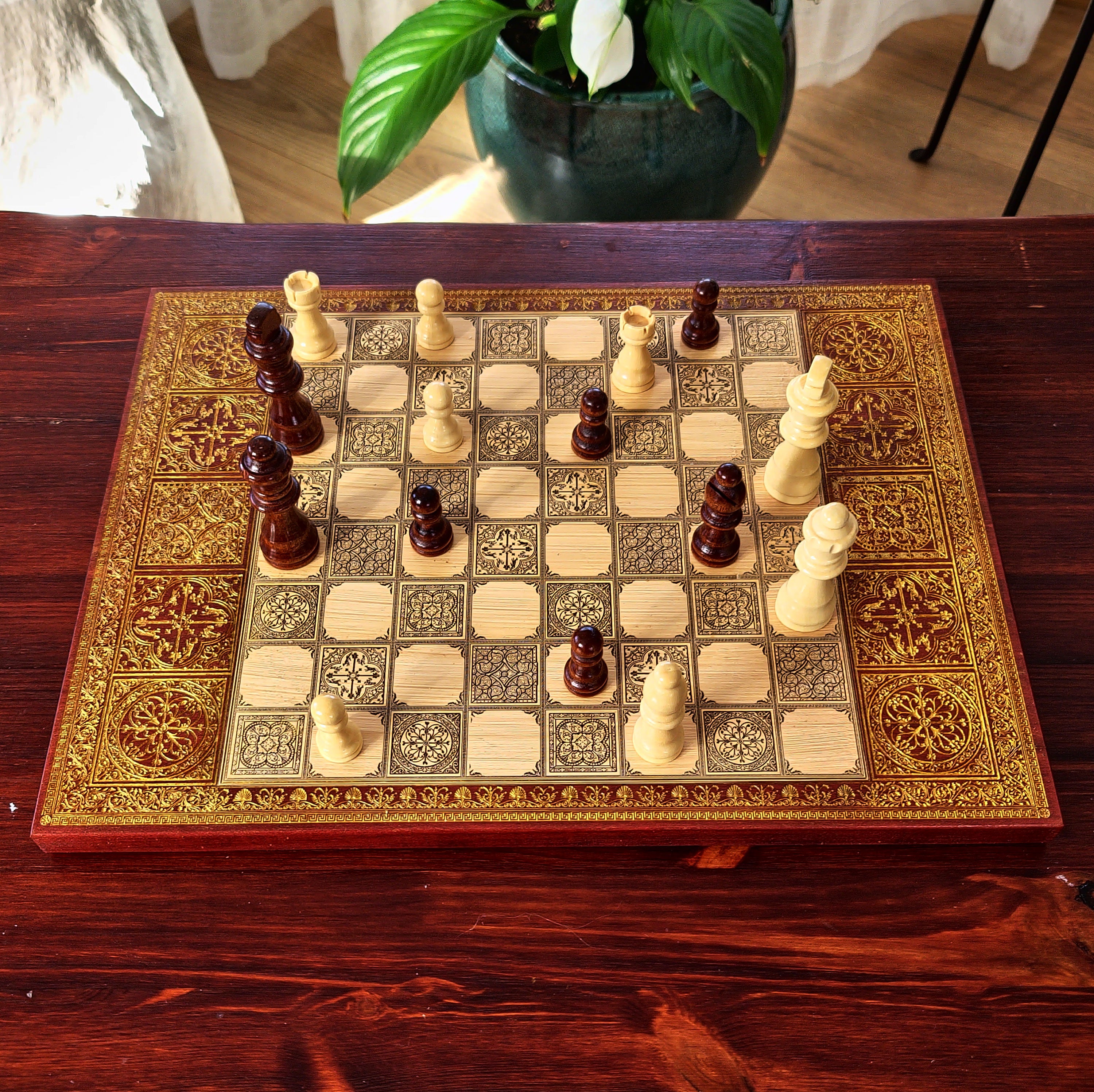 Spanish Tiles Chess Board - Red Walnut & Gold - A3 Large Size