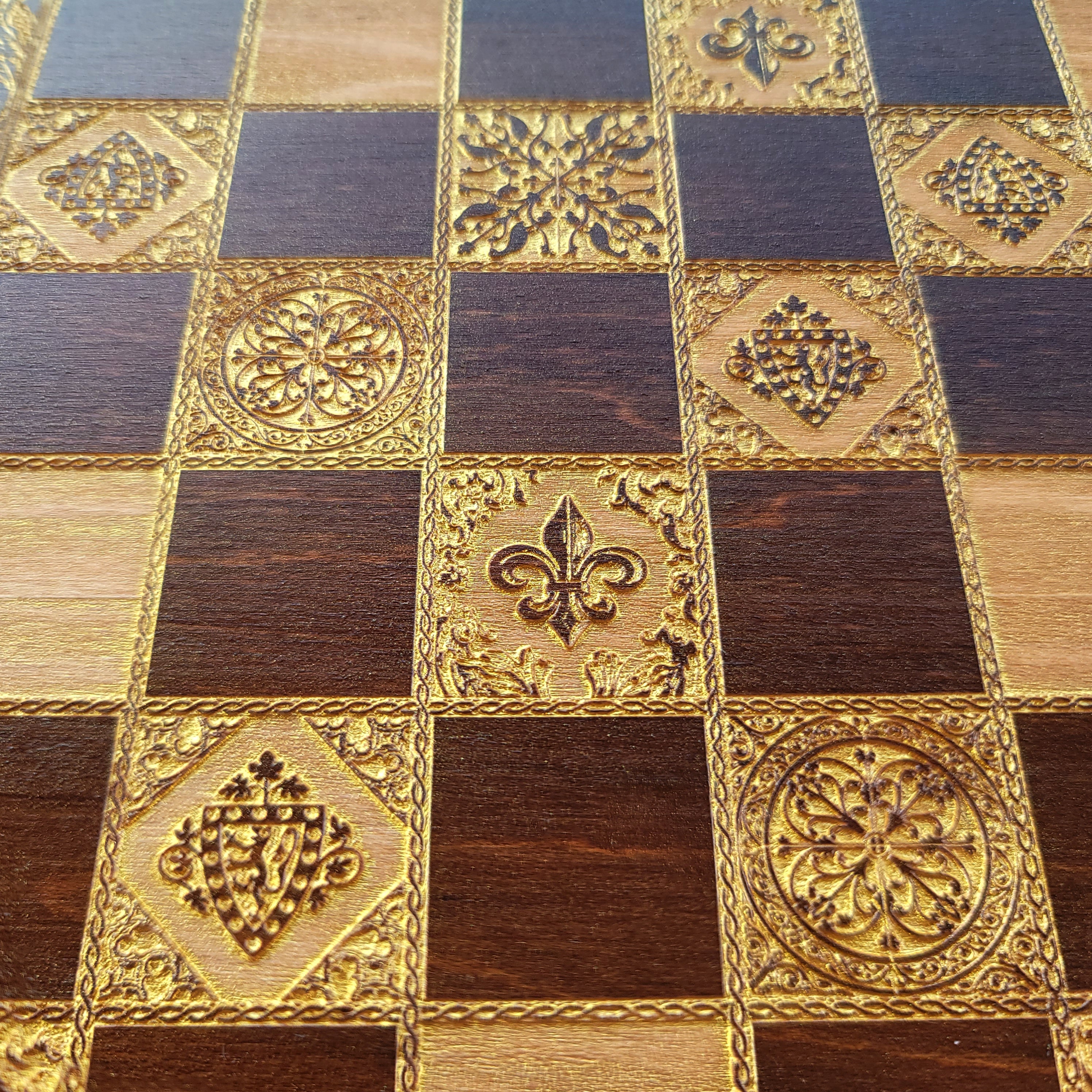 Ornate Chess Board - Walnut & Gold - A3 Large Size