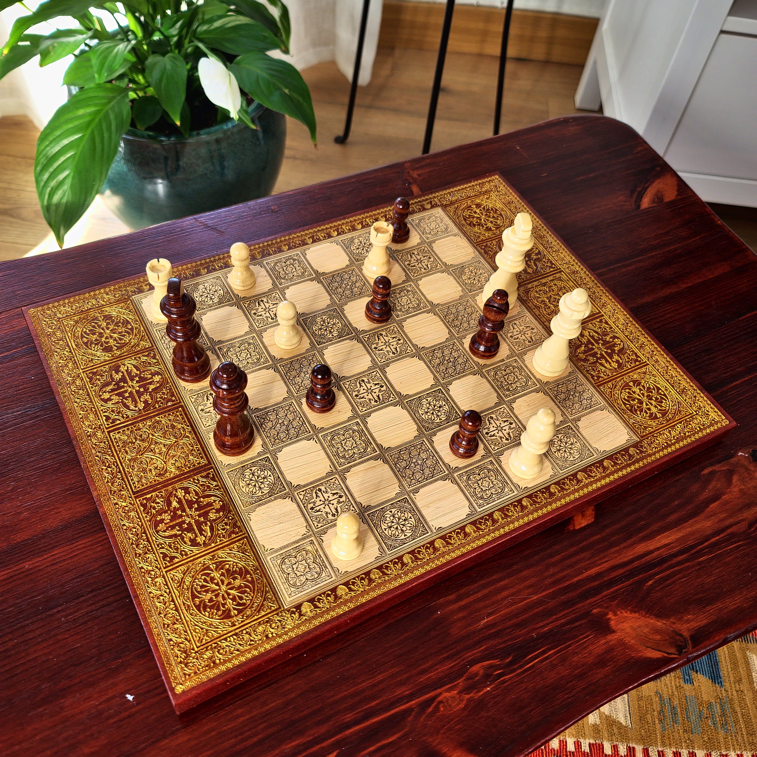 Spanish Tiles Chess Board - Red Walnut & Gold - A3 Large Size