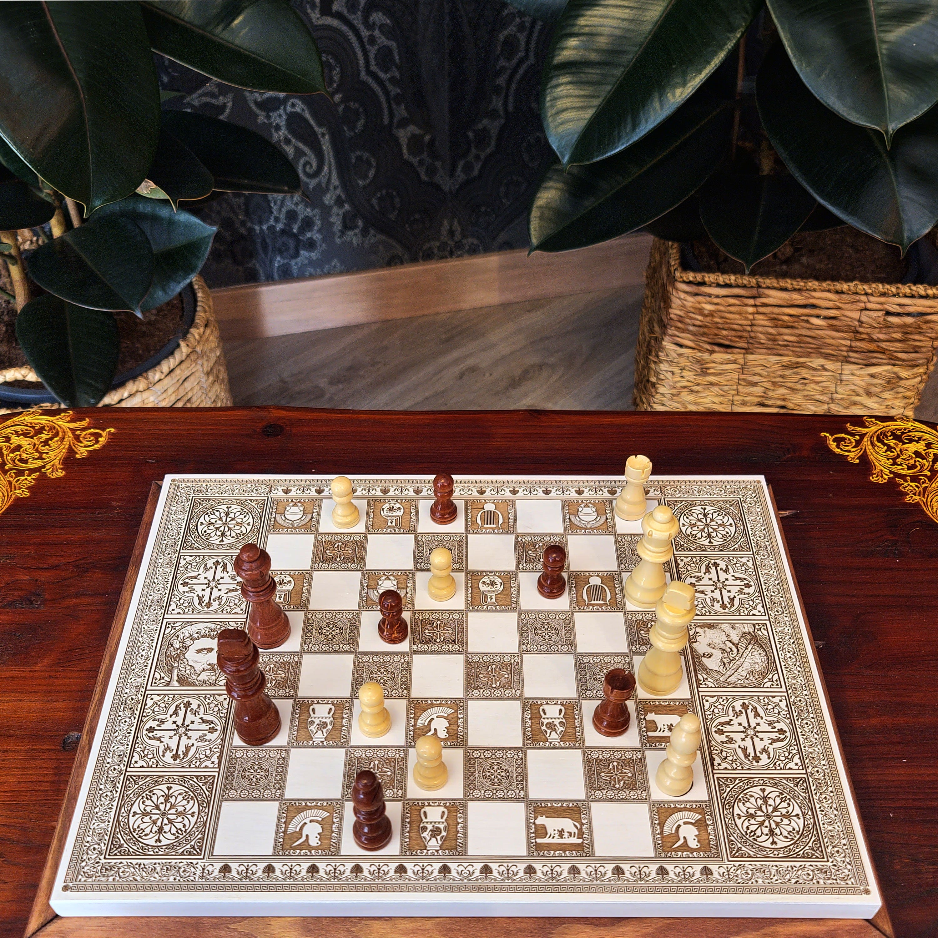 Decorative wood chessboard with roman theme laser engraved