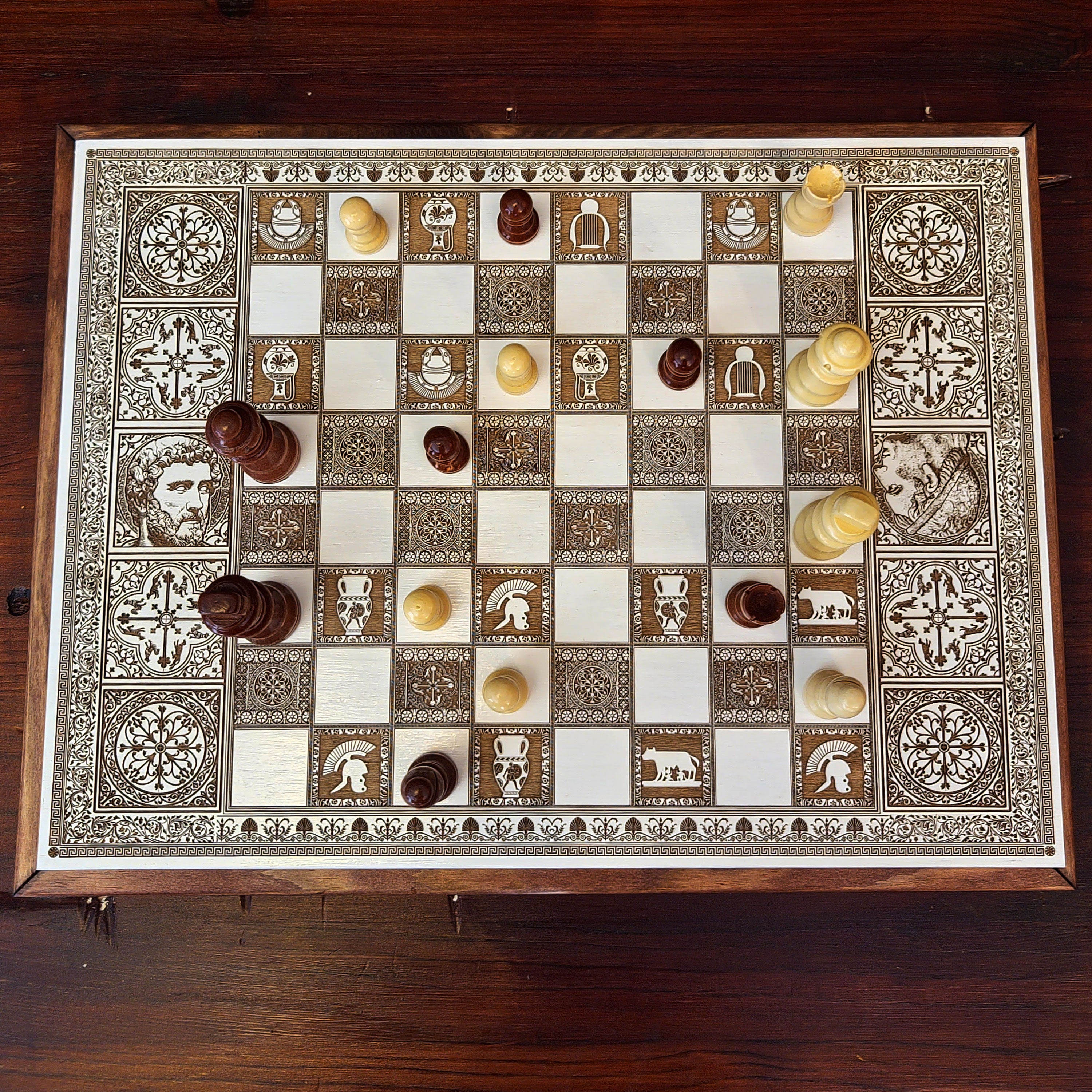 Decorative wood chessboard with roman theme laser engraved