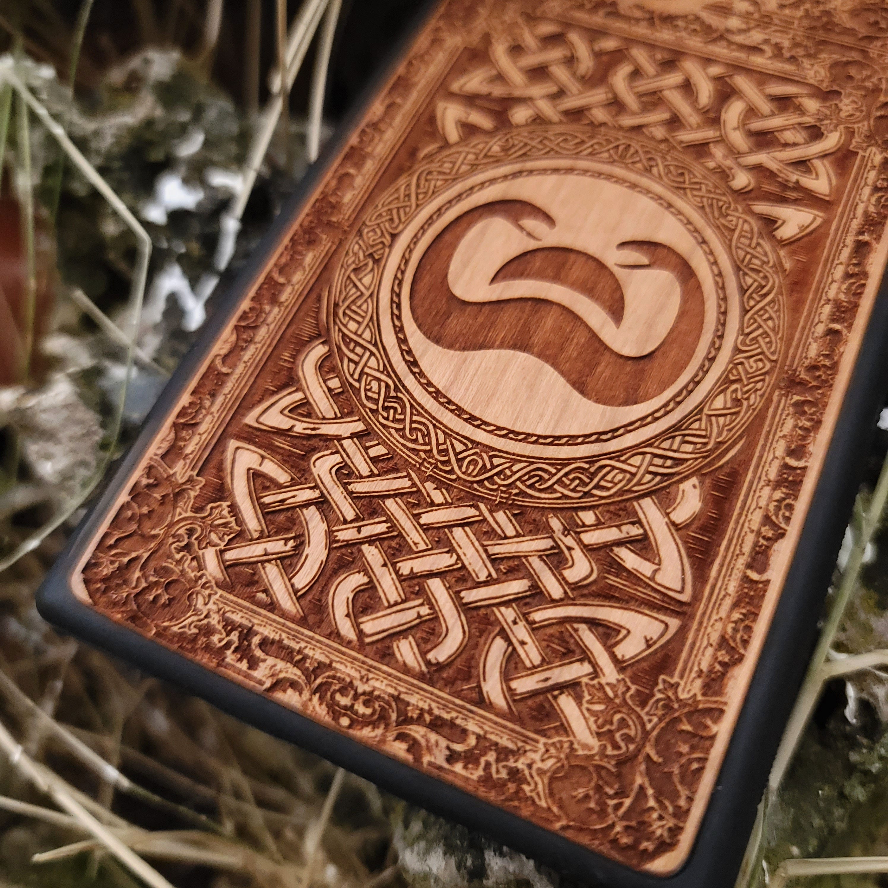 Wood phone case with Conan the Barbarian snake symbol and Celtic engravings for iPhone and Galaxy