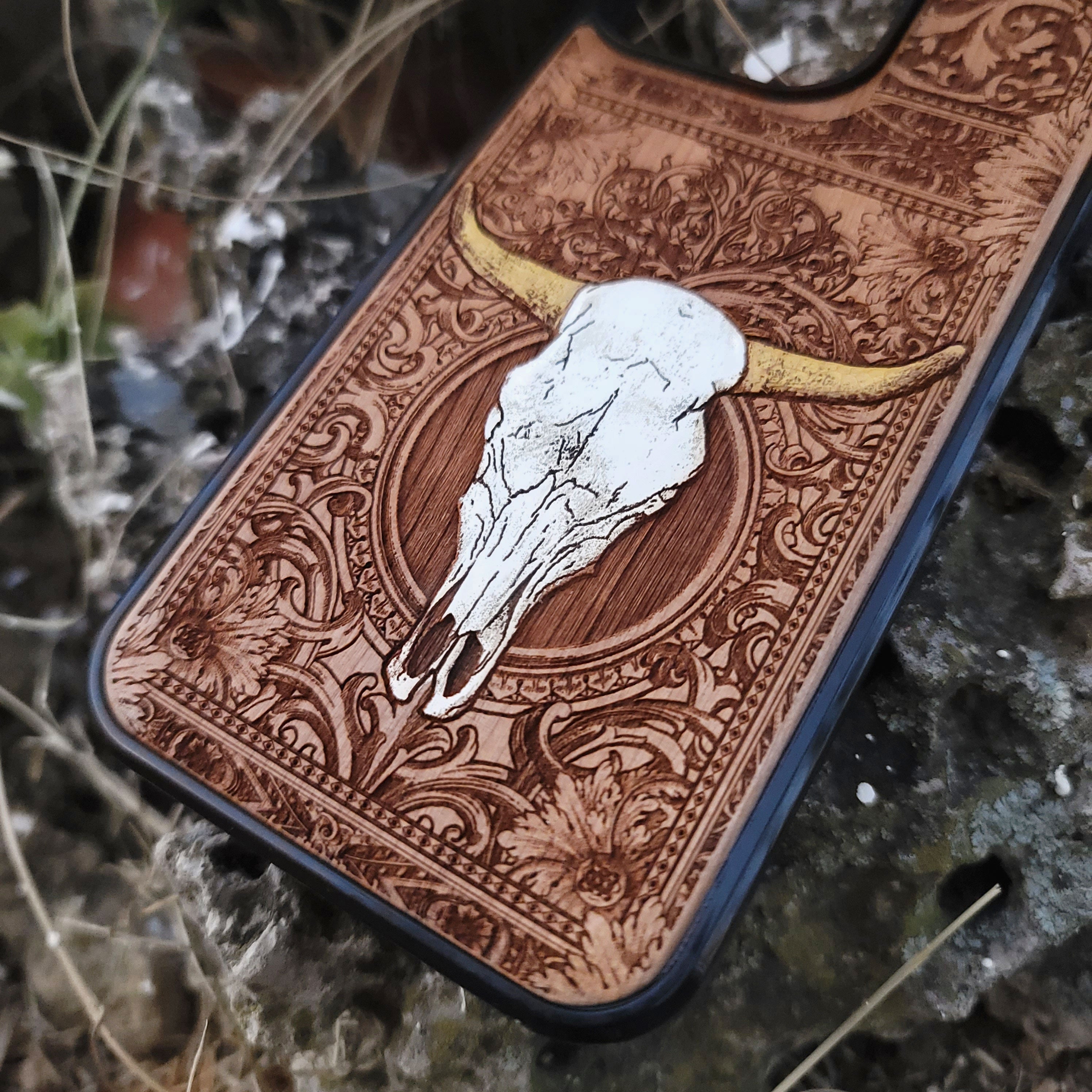 Rustic wooden phone case with engraved floral design and cattle skull, western style iPhone cover