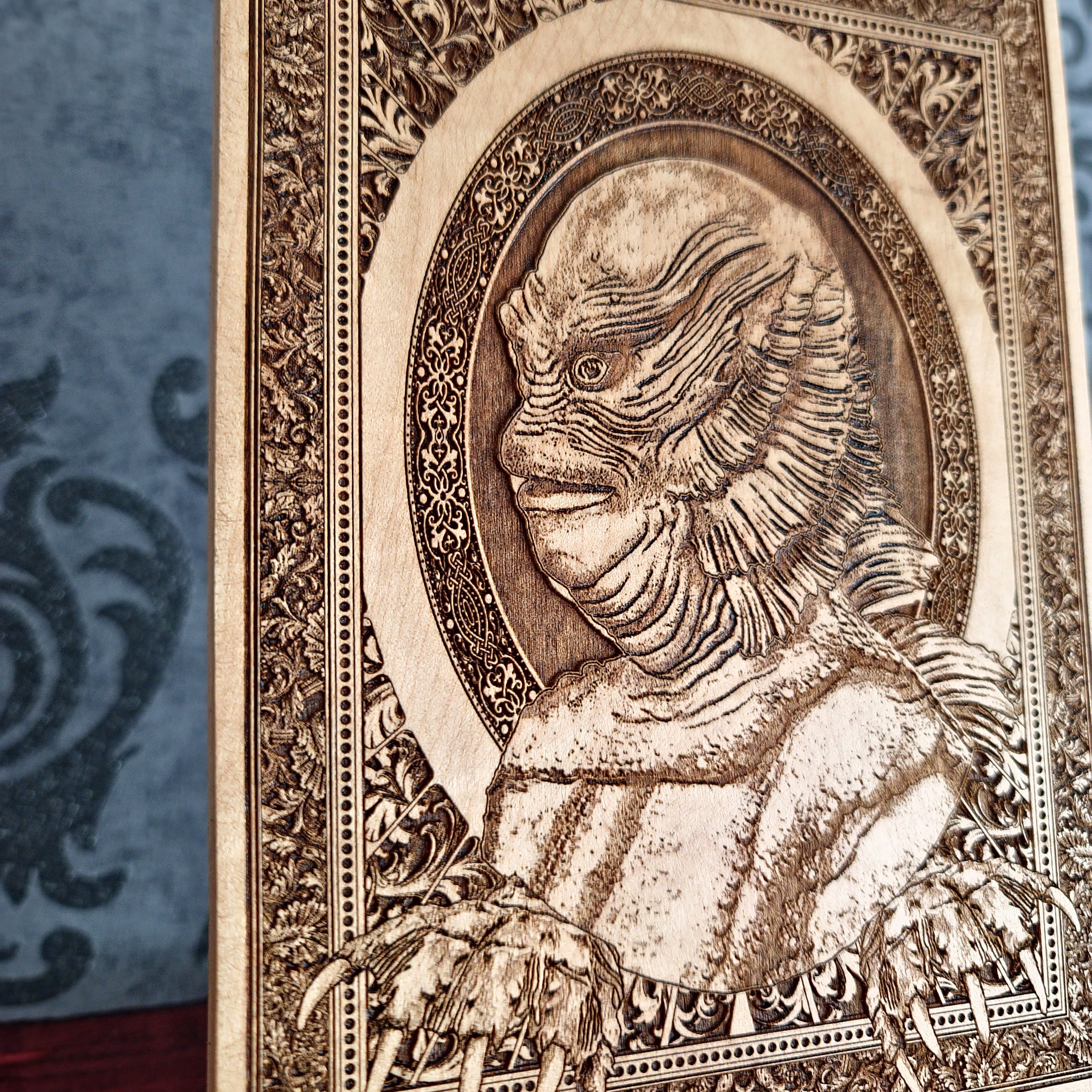 Handmade wooden artwork 'Creature from the Black Lagoon - Mini' – wood gift for 5 year anniversary, wedding present, gift for him or her, romantic handcrafted decor