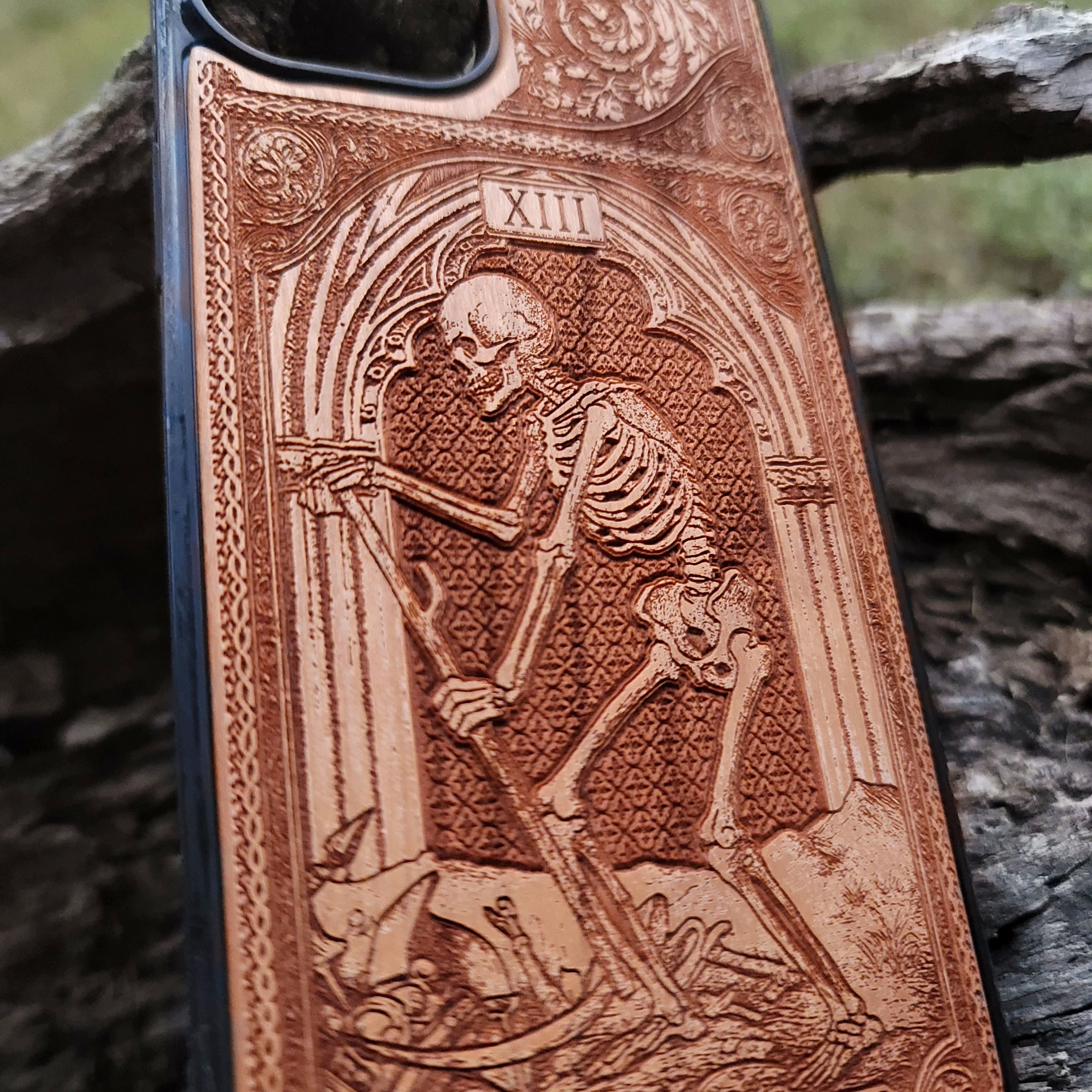Death tarot wood phone case – engraved & hand-painted for iPhone 16, Galaxy S25 – symbolic rebirth and transformation design