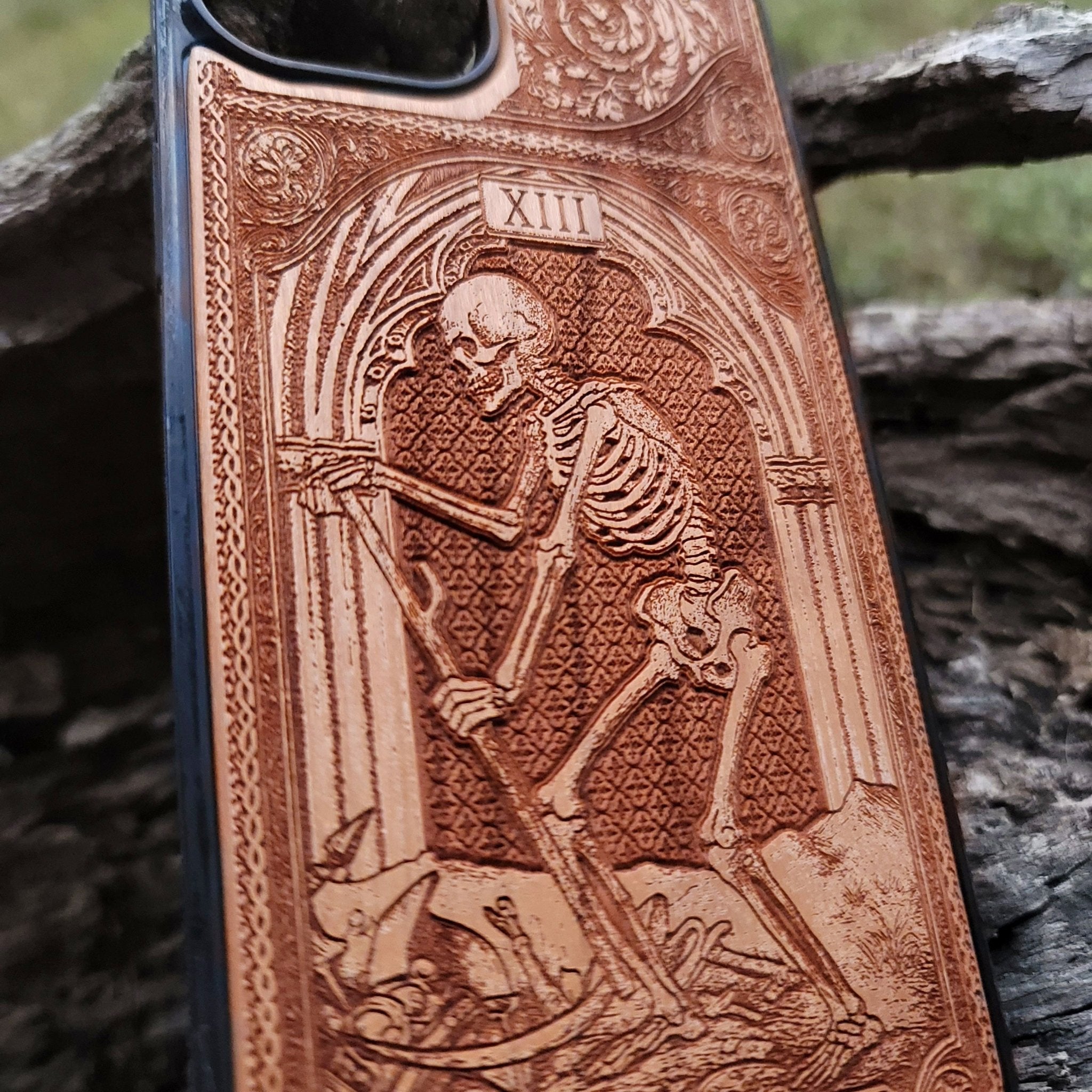 Death tarot wood phone case – engraved & hand-painted for iPhone , Galaxy S – symbolic rebirth and transformation design