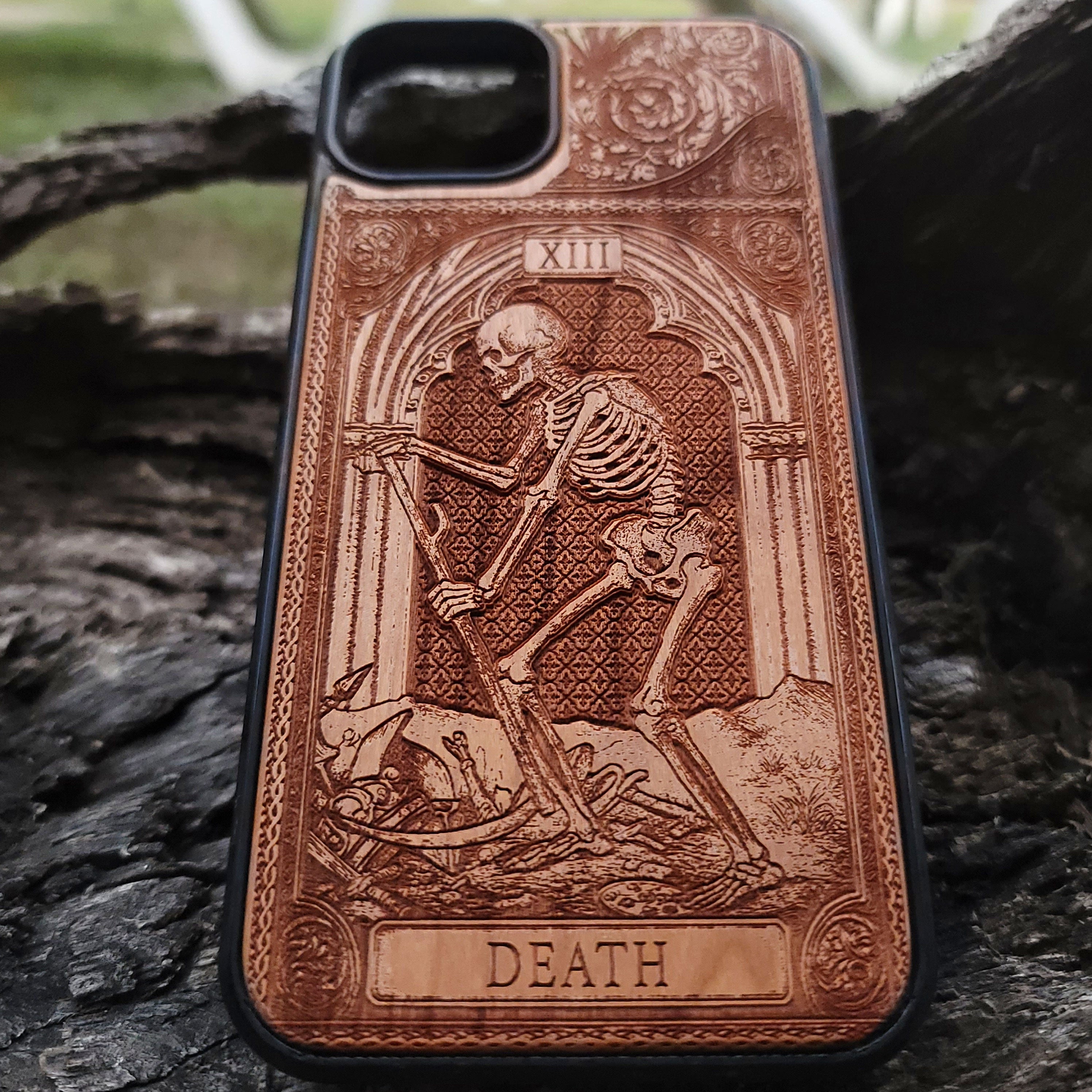 Death tarot wood phone case – engraved & hand-painted for iPhone 16, Galaxy S25 – symbolic rebirth and transformation design