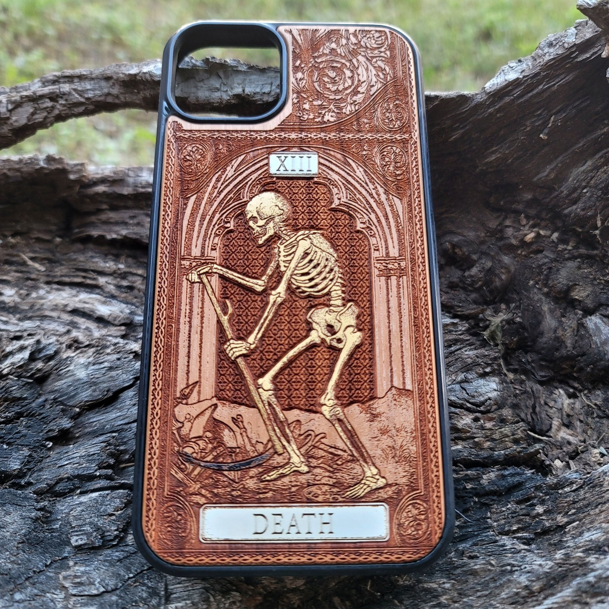 Death tarot wood phone case – engraved & hand-painted for iPhone , Galaxy S – symbolic rebirth and transformation design