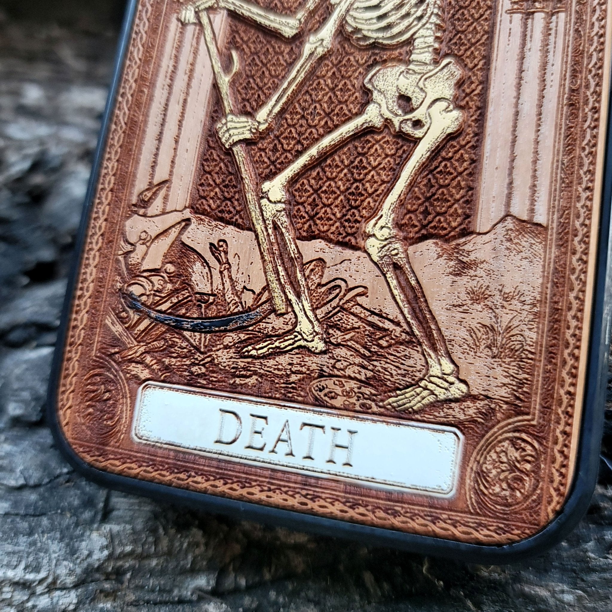 Death tarot wood phone case – engraved & hand-painted for iPhone , Galaxy S – symbolic rebirth and transformation design