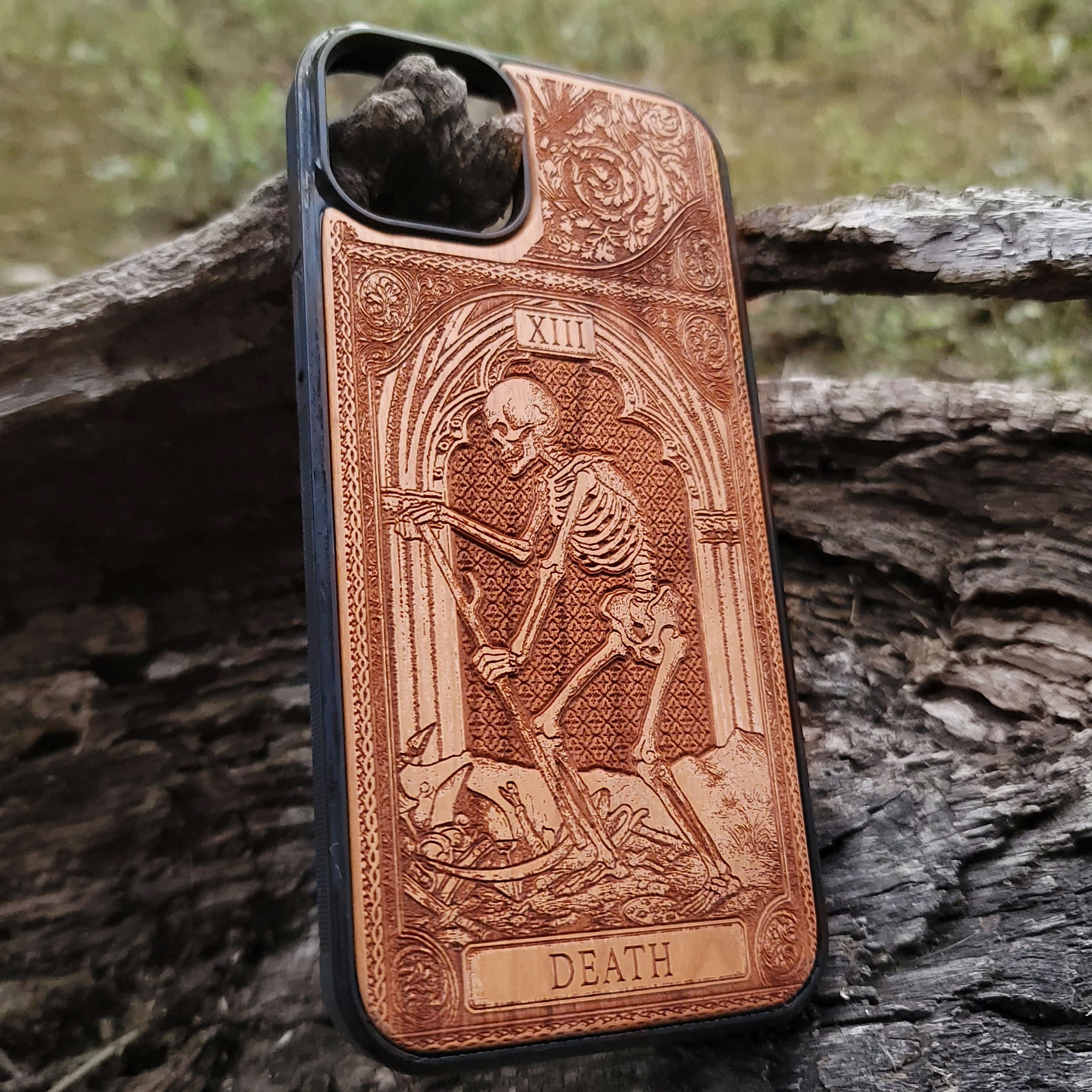 Death tarot wood phone case – engraved & hand-painted for iPhone 16, Galaxy S25 – symbolic rebirth and transformation design