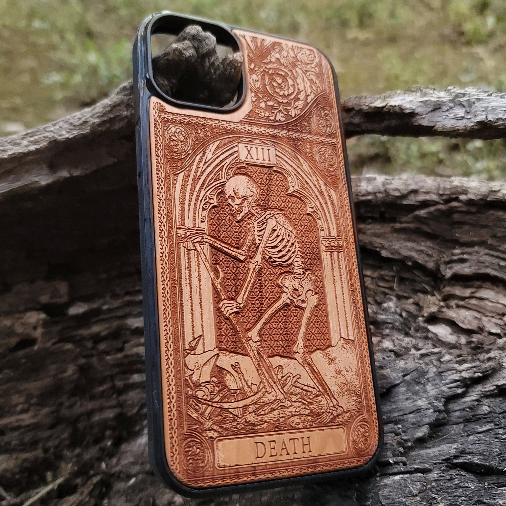 Death tarot wood phone case – engraved & hand-painted for iPhone , Galaxy S – symbolic rebirth and transformation design